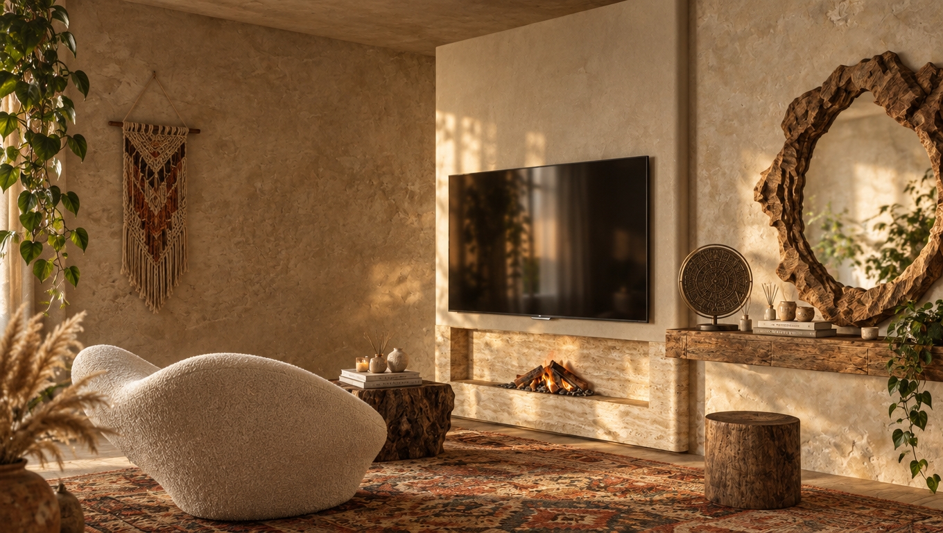 An incredibly lifelike, richly detailed, photorealistic interior shot of a serene bedroom retreat set in a sun-drenched bohemian oasis. The scene is illuminated by the soft, diffused golden hour glow filtering through unseen gauzy curtains, creating a warm, tranquil, and deeply soulful atmosphere. Captured with a 35mm lens, the image emphasizes the rich textures of a space defined by layered, earthy neutrals punctuated by vibrant splashes of warm rust, muted mustard, and hints of deep, calming teal. In the foreground, a sculptural, pebble-shaped lounge chair upholstered in a nubby, cream-colored bouclé fabric sits opposite a travertine-clad fireplace hearth, where authentic, charred logs rest atop dark river stones. The walls are finished in a raw, hand-troweled lime wash, providing a tactile backdrop for the centerpiece—a massive, rugged, hand-carved wooden mirror frame that acts as a piece of organic sculpture. Below it, a floating live-edge timber console displays curated vintage-collected decor, including a small photography book, delicate ceramic vessels, and an intricate circular tabletop ornament. The floor is layered with plush, hand-woven kilim rugs that ground the eclectic arrangement, while lush, trailing botanical plants and wispy stems of pampas grass add a living, free-spirited energy to the corners of the room. Every detail—from the subtle shadows cast by the artisanal macramé accents to the soft light reflecting off the travertine—is rendered with exquisite clarity, conveying a sense of grounded, global luxury and curated comfort.