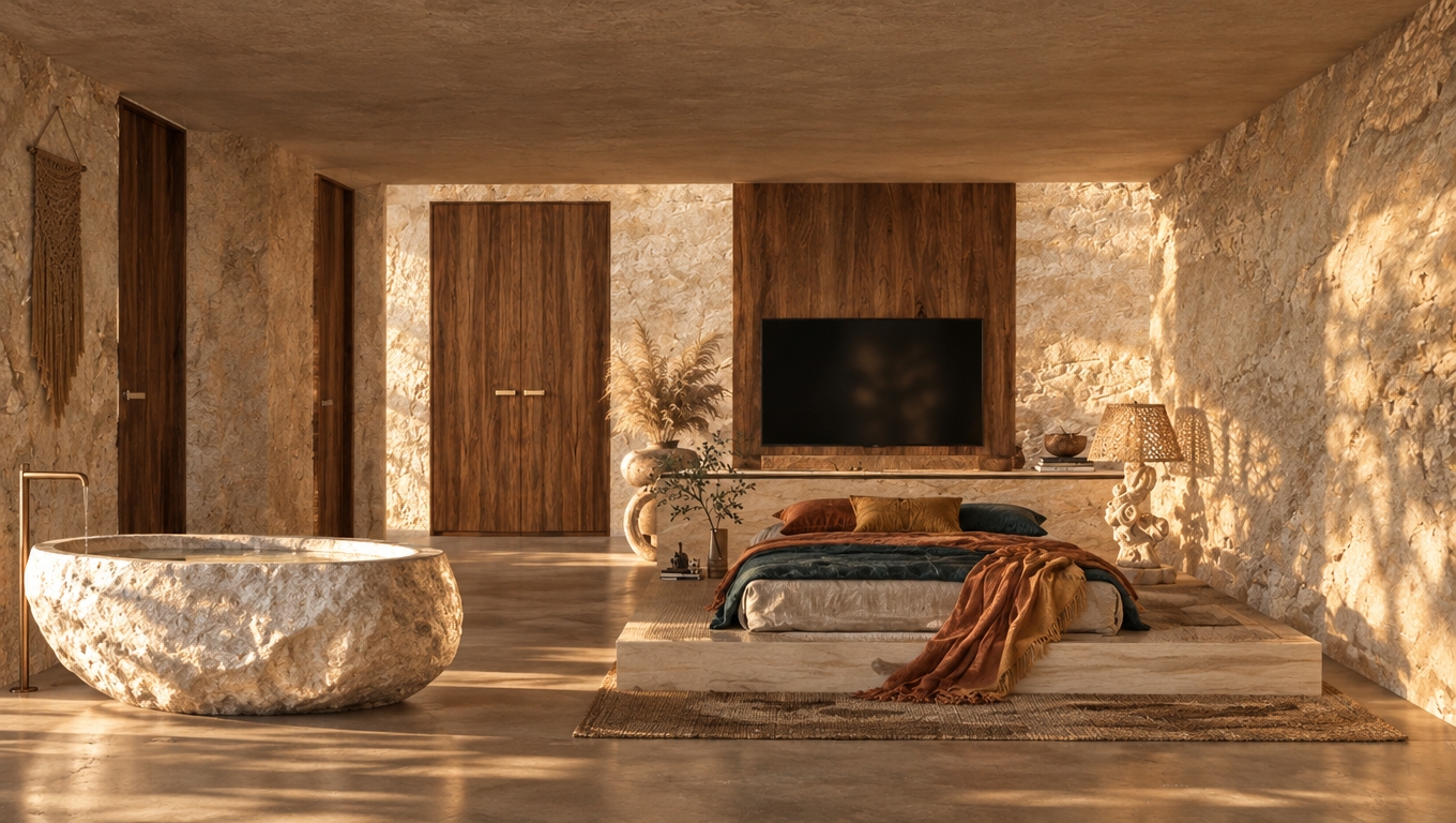 An incredibly lifelike, richly detailed, photorealistic interior shot of a bespoke bedroom sanctuary set in a sun-drenched bohemian oasis. The scene is illuminated by soft, golden-hour light filtering through unseen openings, creating a serene, warm, and meditative atmosphere. Captured with a 35mm lens, the rendering emphasizes the interplay between the raw, craggy limestone walls and the refined warmth of the walnut-paneled cabinetry and bed platform. The room is a masterclass in textures, where a hand-carved stone soaking tub provides a sculptural focal point, contrasted by the layered comfort of the bed, dressed in linens of warm rust, mustard, and deep, moody teal. Globally-inspired decor elements are carefully curated, with hints of woven rattan textures, a decorative macrame-style table lamp casting intricate shadows, and lush sprigs of pampas grass breathing organic life into the space. The composition is perfectly balanced, drawing the eye from the rugged, tactile walls toward the sleek media wall, while a collection of vintage-inspired artifacts and layered textiles grounds the room in a lived-in, free-spirited elegance that feels both grounded and deeply sophisticated.
