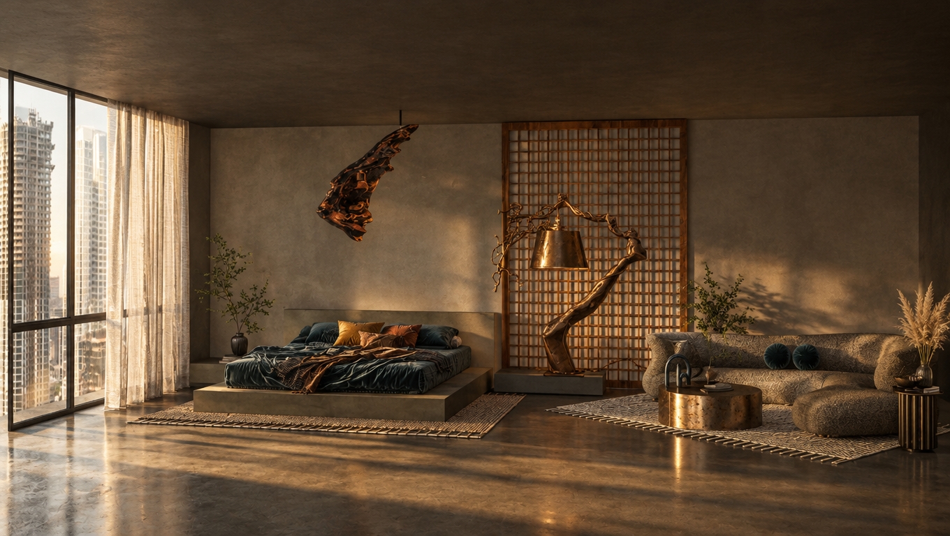 An incredibly lifelike, richly detailed, photorealistic wide-angle interior shot of a serene, bohemian-inspired bedroom set in a high-rise urban sanctuary. The scene is illuminated by the soft, directional glow of late afternoon sun filtering through sheer, flowing linen curtains, creating a tranquil, soul-soothing atmosphere that blends sophisticated modern architecture with free-spirited warmth. Captured with a 35mm lens, the image emphasizes the rich textures of the space, from the plush, layered rugs underfoot to the organic, handcrafted forms of the furniture. A sculptural, bronze-finished floor lamp mimics the silhouette of a gnarled desert tree, standing beside a grid-patterned wooden screen that provides a rhythmic, Japanese-inspired backdrop to the eclectic decor. The room is punctuated by deep, moody teal accents, vibrant mustard throw pillows, and warm, oxidized rust tones found in the unique, suspended art piece above the low-profile platform bed. Lush greenery and delicate pampas grass arrangements breathe life into the dark, earthy neutral palette, while a curvaceous, contemporary lounge sofa anchors a cozy seating area finished with a vintage-collected brass coffee table. The massive floor-to-ceiling windows offer a sharp, crystalline perspective of the bustling city skyline, creating a stunning visual contrast between the orderly geometric shapes of the exterior skyscrapers and the curated, organic, and layered comfort of the interior haven.