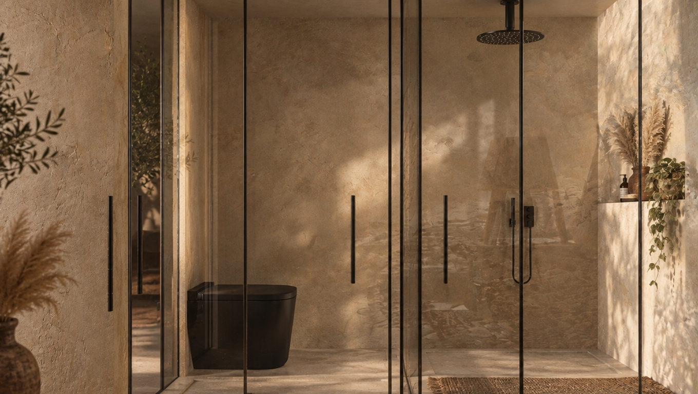 An incredibly lifelike, richly detailed, photorealistic interior shot of a bespoke bathroom sanctuary set in a refined bohemian oasis. The scene is illuminated by soft, diffused ambient light that filters through, creating a tranquil, spa-like atmosphere that highlights the interplay of textures. Captured with a 35mm lens, emphasizing the contrast between the rough, sand-toned plaster walls—rich with artisan-grade imperfections—and the sleek, modern precision of the floor-to-ceiling glass partitions. The design language is a sophisticated marriage of global influences, where a sculptural, matte black toilet provides a bold, modern anchor against the warmth of earthy neutrals. Beyond the glass, the space breathes with life through carefully placed pampas grass and hints of organic greenery, while the reflection in the shower panel subtly teases a vignette of vintage-collected decor and a plush, layered rug just outside the frame. The composition is balanced by the clean vertical lines of the black hardware, which perfectly frame the shower’s rainfall head, while the textured walls evoke the raw, grounded elegance of a Mediterranean hideaway, bringing a layered, free-spirited aesthetic to a contemporary architectural context.