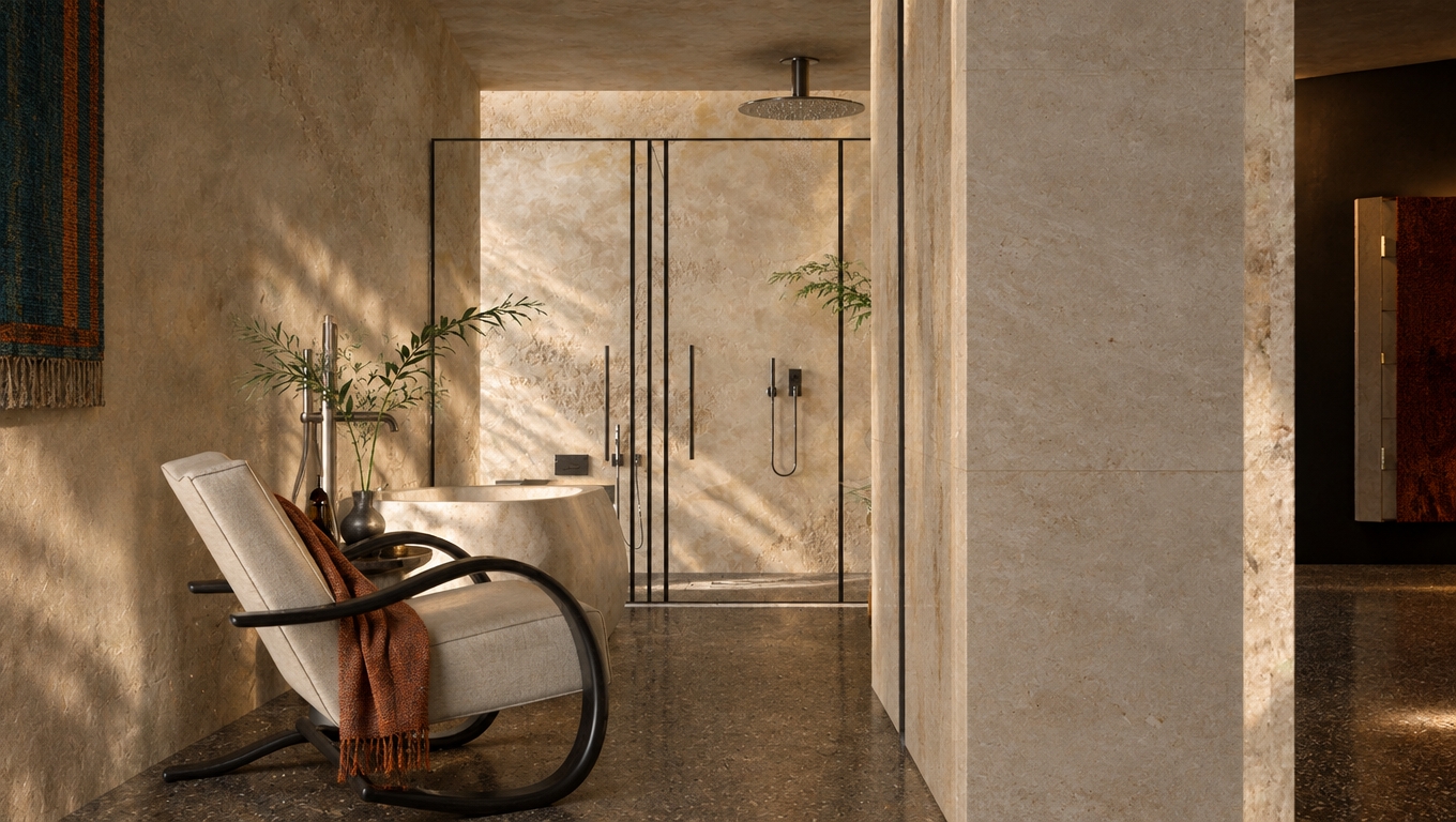 An incredibly lifelike, richly detailed, photorealistic interior shot of a sophisticated bathroom oasis set in a serene, high-end sanctuary. The scene is illuminated by soft, diffused ambient light that highlights the tactile contrast between the rugged, hand-applied lime wash walls in earthy neutral tones and the smooth, seamless stone partitions, creating a tranquil and grounding atmosphere. Captured with a 35mm lens, the perspective emphasizes the sculptural beauty of a modern lounge chair with elegant black-wood curves, positioned near a monolithic stone soaking tub that grounds the space. The composition perfectly balances the minimalist, clean lines of the black-framed glass shower enclosure—featuring a contemporary rainfall fixture—with a bohemian sensibility achieved through subtle, vibrant accents of rust and deep teal, the organic presence of delicate botanical sprigs, and the rich, speckled texture of the floor. Every element, from the refined metallic plumbing fixtures to the interplay of shadow and light across the uneven, artisanal wall surfaces, is rendered with absolute clarity, evoking the curated warmth and soulful, layered aesthetic found in a luxury design photography book.