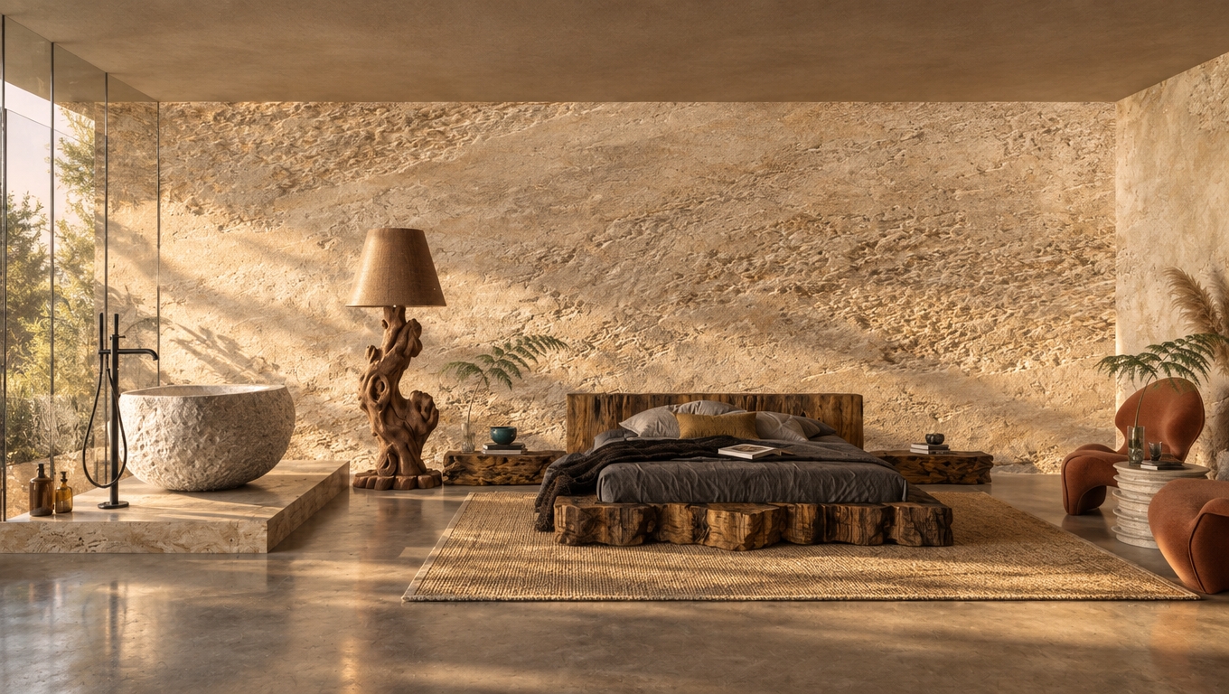 An incredibly lifelike, richly detailed, photorealistic wide-angle interior photograph of a serene bohemian oasis bedroom set in a sun-drenched, tranquil sanctuary. The scene is illuminated by soft, diffused golden-hour light streaming in, creating a warm, grounded, and deeply peaceful atmosphere. Captured with a 35mm lens, the image emphasizes the tactile, raw textures of a magnificent, hand-carved natural wood platform bed and a sculpted, organic-stone soaking tub, which sits on a raised travertine plinth near a sleek floor-to-ceiling glass partition. The background is anchored by a monumental, sand-hued wall with a rough, stucco-like finish that mimics the shifting dunes of a desert landscape, perfectly complementing the layering of rich, earthy neutrals throughout the space. A whimsical, tree-trunk floor lamp provides a sculptural focal point, while to the right, fluid, ergonomic lounge chairs in warm rust tones offer a cozy seating area adorned with delicate ferns. The composition is masterfully balanced, drawing the eye across a layered, woven area rug toward the bed, which is draped in soft, charcoal linens and topped with a photography book. Vintage-collected decor, including subtle hints of deep teal and mustard in the styling, combines with the presence of wispy pampas grass and artfully placed greenery to complete this vibrant, globally-inspired retreat where every finish—from the polished dark fixtures to the rugged, handcrafted wood elements—feels intentionally curated to evoke a free-spirited, soulful elegance.