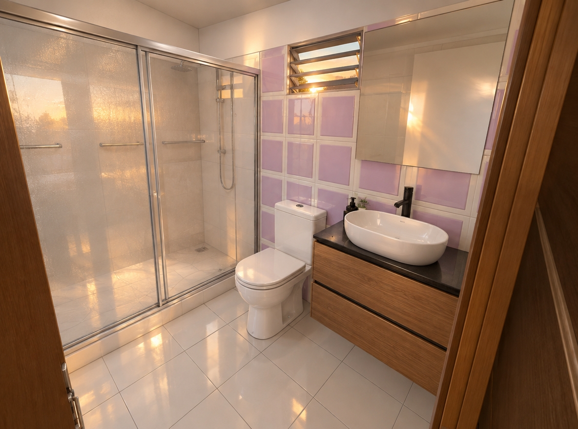 An incredibly lifelike, richly detailed, photorealistic wide-angle interior shot of a contemporary bathroom set in a sun-drenched summer evening. The scene is illuminated by the soft, honeyed glow of a sunset filtering through the upper ventilation window, creating a serene and warm atmosphere. Captured with a 24mm wide-angle lens, the image emphasizes the crisp, clean textures of the white porcelain toilet and the smooth, polished curves of the oval vessel sink. The vanity is crafted from rich, warm-toned wood grain, contrasting beautifully with the high-gloss white and soft lilac ceramic wall tiles that add a playful yet elegant pop of color. To the left, the glass shower enclosure features sleek, translucent sliding panels that catch the evening light, revealing the refined hardware and pristine white porcelain floor tiles. Every detail, from the matte black fixtures to the seamless integration of the mirror above the vanity, is rendered with precision, highlighting a sophisticated balance between modern minimalism and cozy, lived-in charm.