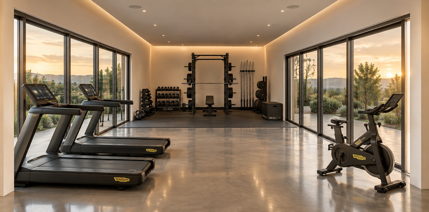 An incredibly lifelike, richly detailed, photorealistic interior perspective of a high-end luxury home gym set in a contemporary architectural villa. The scene is illuminated by soft, diffused golden-hour light streaming through massive floor-to-ceiling glass sliding panels, creating a serene, motivating, and sophisticated atmosphere. Captured with a 24mm wide-angle lens, emphasizing the seamless transition between the polished concrete floors and the crisp, matte-white minimalist walls. 

The space is intelligently zoned for elite training: the foreground hosts a sleek, high-tech cardio suite featuring two professional-grade treadmills and a streamlined studio stationary bike, all positioned to overlook the bright glass portals. Moving toward the rear, the room transitions into a robust, dedicated CrossFit zone, anchored by a heavy-duty industrial matte-black power rack, an organized array of chrome-finished free weights, and a collection of Olympic bars resting on a premium rubber-matted floor. The clean, uncluttered layout exudes contemporary elegance, where the crisp lines of the architectural framework perfectly frame the high-performance fitness equipment, creating a tranquil yet powerful sanctuary for physical transformation.