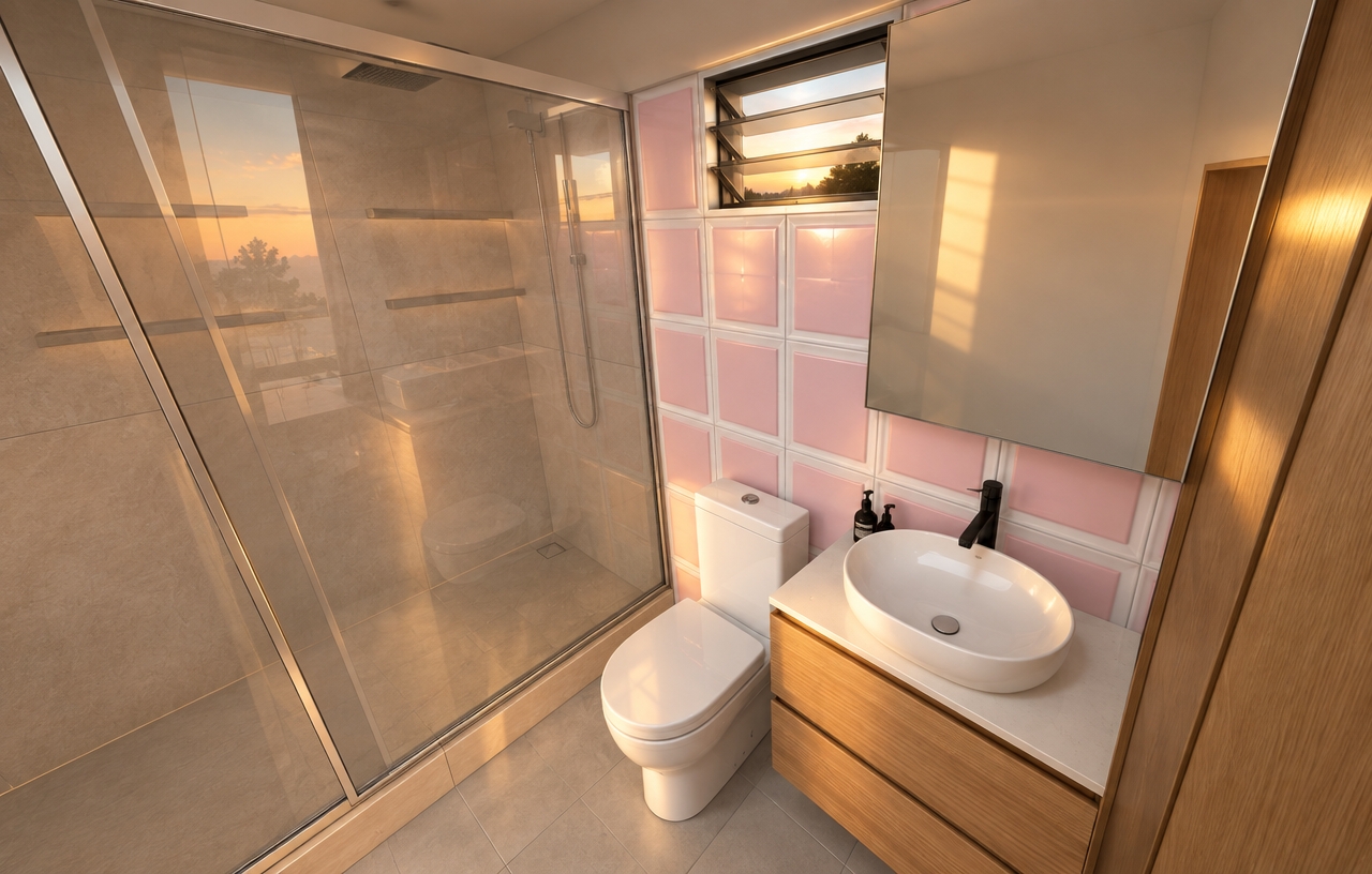 An incredibly lifelike, richly detailed, photorealistic interior shot of a contemporary bathroom set in a sun-drenched summer evening. The scene is illuminated by the soft, warm golden glow of a setting sun filtering through the high-placed window, creating a serene and sophisticated atmosphere. Captured with a wide-angle lens, emphasizing the crisp textures of the polished porcelain toilet and the rich, organic grain of the floating wooden vanity.

The space radiates contemporary elegance, featuring a sleek, vessel-style ceramic sink paired with a matte black faucet that contrasts beautifully against the light-colored countertop. Beside the vanity, a large, frameless rectangular mirror reflects the room, while the adjacent window offers a glimpse of the warm, amber dusk outside. The walk-in shower is enclosed by a high-quality translucent glass screen, revealing subtle reflections and a clean, minimalist interior. The wall behind the vanity is accented with a playful, grid-like pattern of soft pastel pink tiles, providing a delicate pop of color that softens the clean lines of the space. Every surface, from the matte finish of the floor tiles to the cool, clinical touch of the white porcelain, is rendered with precise clarity, showcasing a balanced and harmonious modern sanctuary.