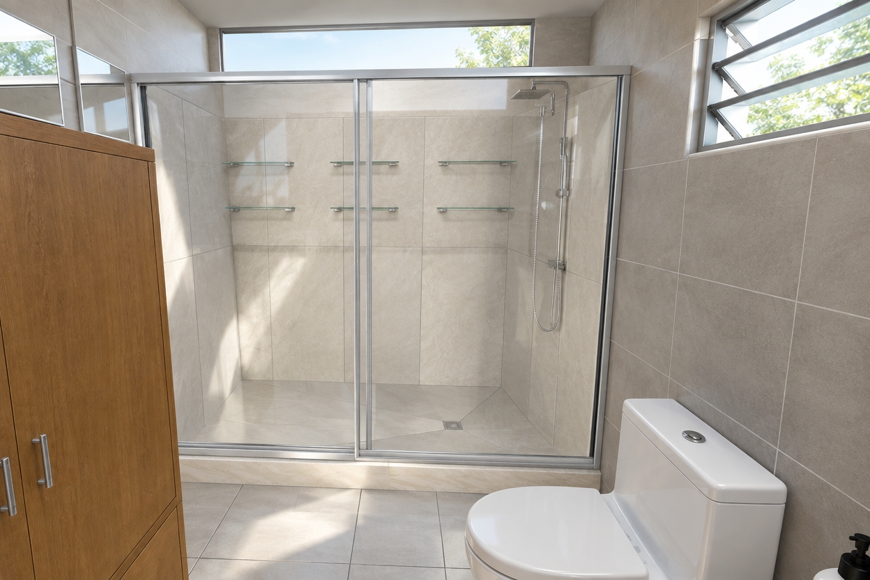 An incredibly lifelike, richly detailed, photorealistic interior shot of a contemporary bathroom set in a sun-drenched spring midday. The scene is illuminated by soft, natural light streaming through the side window, creating a crisp, clean, and airy atmosphere. Captured with a 24mm wide-angle lens, emphasizing the high-contrast textures of warm oak cabinetry, polished white porcelain, and sleek, cool-toned tiling.

The bathroom exudes a sense of contemporary elegance, anchored by a sleek white porcelain toilet and a rich, honey-toned wooden vanity that complements the geometric wall tiles. Above the vanity, a crystal-clear mirror reflects the diffused daylight, positioned gracefully beside a modern window that invites a gentle glow into the space. The centerpiece is a spacious walk-in shower encased in a pristine translucent glass enclosure, featuring sophisticated aluminum framing and minimalist glass shelves that catch the morning light. The perspective creates a sense of openness and refined order, highlighting the seamless integration of wood and stone textures that make this bathroom both functional and serene.