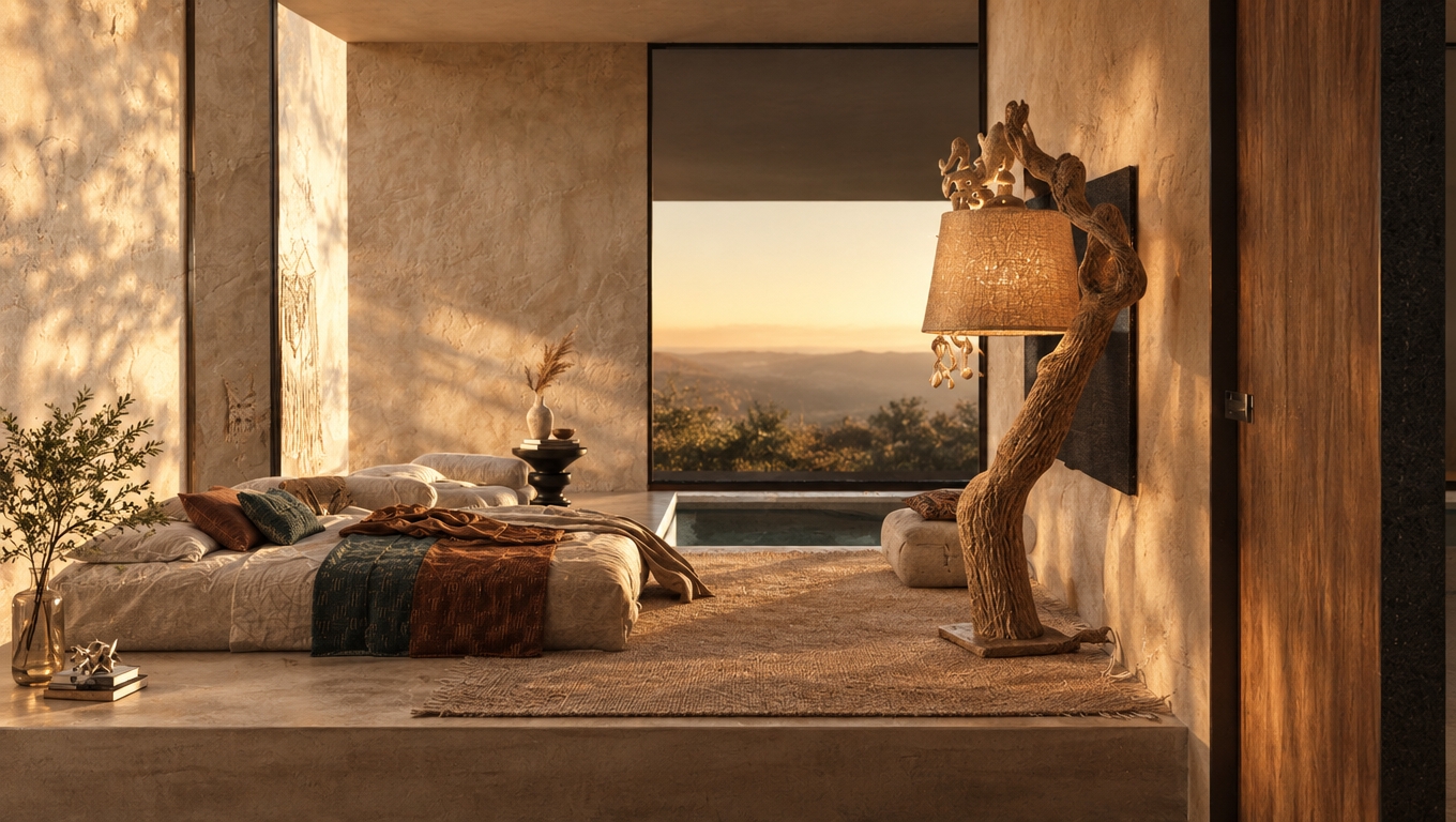 An incredibly lifelike, richly detailed, photorealistic interior shot of a serene bohemian bedroom oasis set in a sun-drenched, tranquil sanctuary. The scene is illuminated by the soft, diffused glow of golden hour light filtering through large floor-to-ceiling windows, creating a warm, cozy, and deeply evocative atmosphere. Captured with a 35mm lens, emphasizing the intricate textures of the raw, lime-washed earth-toned walls, the plush layered rugs, and the natural grain of the handcrafted wooden accents. The composition centers on a low-profile platform bed draped in linens of rust and deep teal, complemented by a unique, organic floor lamp that mimics the fluid, twisted form of a natural branch. The room is curated with a global spirit, featuring vintage-collected decor, a delicate glass vase holding a sprig of greenery, and a subtle interplay of pampas grass and macrame elements that ground the space in artisanal elegance. Every element—from the rich, earthy neutral palette to the thoughtful placement of textured fabrics—is rendered with a shallow depth of field that draws the eye toward the interplay between the light-dappled plaster walls and the sophisticated, eclectic design, presenting a retreat that feels both grounded and soulfully free-spirited.