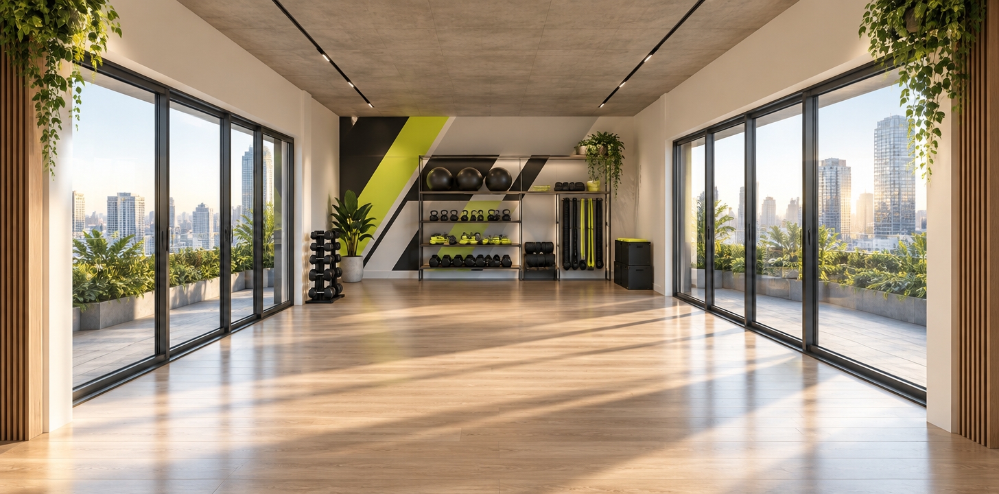 An incredibly lifelike, richly detailed, photorealistic interior shot of a modern fusion fitness studio set in an urban high-rise. The scene is illuminated by soft, natural morning light filtering through expansive floor-to-ceiling glass walls, creating a clean, dynamic, and airy atmosphere. Captured with a 24mm wide-angle lens, emphasizing the crisp geometric lines of the modular structure and the juxtaposition of sleek industrial materials against warm wooden flooring.

The studio embodies an open-concept layout defined by a monochromatic palette of crisp whites and deep charcoal blacks, punctuated by vibrant, energetic pops of neon color in the gym equipment. The walls feature large-scale, abstract geometric art that adds a sophisticated, contemporary flair, while integrated metallic shelving units house minimal, high-end fitness accessories. Smooth, polished concrete ceilings contrast with the warmth of light-oak accents, and lush, hanging greenery spills from corner planters, bringing a refreshing, biophilic touch to the space. The wide perspective highlights the seamless transition between the architectural frame and the urban environment outside, offering a sense of depth and tranquil focus suitable for a high-performance wellness sanctuary.