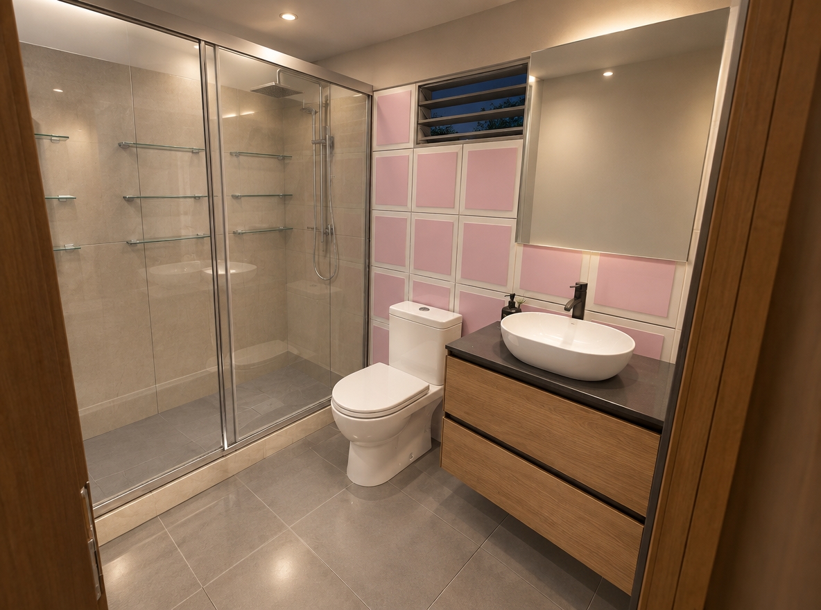 An incredibly lifelike, richly detailed, photorealistic interior shot of a contemporary bathroom set in a serene spring night environment. The scene is illuminated by soft, recessed LED ambient lighting that casts a gentle, sophisticated glow, creating a tranquil and elegant atmosphere. Captured with a wide-angle lens, emphasizing the crisp contrast between the warm-toned wood vanity and the clean, white porcelain fixtures.

The space features a pristine white porcelain toilet positioned beside a sleek, wall-mounted wooden vanity topped with a smooth, organic-shaped vessel sink. Above the vanity, a seamless, reflective mirror pairs perfectly with a modern, louvered clerestory window that draws in the cool essence of the spring night. To the left, a spacious glass shower enclosure with a subtle translucent finish invites the eye, revealing organized glass shelves framed in brushed aluminum. The floor is laid with cool, neutral-toned square tiles that anchor the room, while the vibrant, soft-pink accent tiles on the rear wall add a touch of personality to the minimalist composition. The interplay of light on the glass and the natural grain of the wood finish gives the bathroom a high-end, professionally designed aesthetic.