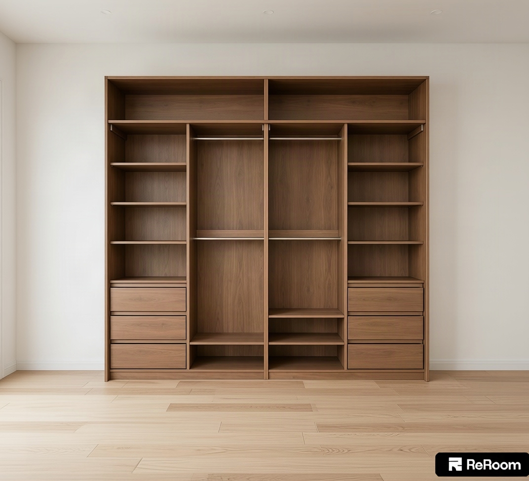 Architectural interior photograph of the built-in closet unit retaining the exact structure and front-facing perspective, finished in a smooth terracotta-toned walnut wood veneer with a natural matte grain. Crisp, clean-lined drawer faces and brushed metal clothes rods complete the functional minimalist build with no interior cabinet lighting. Soft, diffuse daylight from an off-camera room source casts natural gradients and gentle contact shadows across the shelves and compartments. Captured on a sharp 50mm lens with neutral color balance, subtle micro-textures, and realistic material physics throughout.