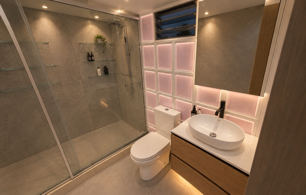 An incredibly lifelike, richly detailed, photorealistic interior shot of a contemporary bathroom set in a sophisticated urban home. The scene is illuminated by the soft, ambient glow of integrated LED strips tucked beneath the vanity and recessed ceiling spots, creating a tranquil, spa-like nighttime atmosphere. Captured with a 24mm wide-angle lens, emphasizing the crisp contrast between the warm, textured oak wood grain of the vanity and the cool, clean lines of the white porcelain sanitary ware.

The bathroom exudes a polished, modern elegance. To the left, a spacious walk-in shower is enclosed by a frameless, translucent glass partition, revealing sleek brushed-aluminum fixtures and minimalist glass shelving mounted against oversized, matte-grey stone tiles. Adjacent to this, the vanity features a crisp, white vessel sink paired with a matte-black faucet, contrasting beautifully against the soft, glowing pink-tiled backsplash. Above the sink, a seamless, fog-free mirror reflects the space, positioned next to a high-placed horizontal ventilation window that allows for a subtle, mysterious play of evening light. The floor is lined with large-format light grey ceramic tiles, completing a cohesive, high-end design that balances warmth and clinical precision.