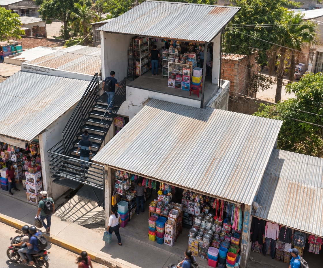 An incredibly lifelike, richly detailed, photorealistic high-angle architectural photograph of a vibrant commercial corridor in Barrio Petrolero, Bermejo, set in a bustling, sun-drenched subtropical street environment. The scene is illuminated by the sharp, natural daylight characteristic of Southern Bolivia, creating crisp, deep shadows that accentuate the geometric clarity of the structure. Captured with a 35mm lens, the image emphasizes the stark contrast between the weathered, industrial corrugated galvanized metal roofs and the sleek, minimalist elegance of the black matte steel staircase.

The central staircase functions as a lightweight, industrial-chic artery, its thin profiles and straight handrails standing in sophisticated relief against the dense, chaotic texture of the flanking kiosks. These “casetas” are overflowing with an authentic, kaleidoscopic array of household goods—stacked plastic basins, glittering glassware, colorful textiles, and boxes of small appliances—capturing the improvised, high-energy atmosphere of the Las Chalanas commercial district. The corrugated metal surfaces show subtle signs of oxidation and weathering, grounding the design in its gritty, real-world context. Below, the street scene is alive with the blurred motion of pedestrians and the occasional motorcycle, while the perspective pulls the eye upward along the two-flight trajectory toward the upper-level terrace, perfectly balancing the clean, modern ambition of the architecture with the visceral, authentic vitality of the Bermejo streetscape.