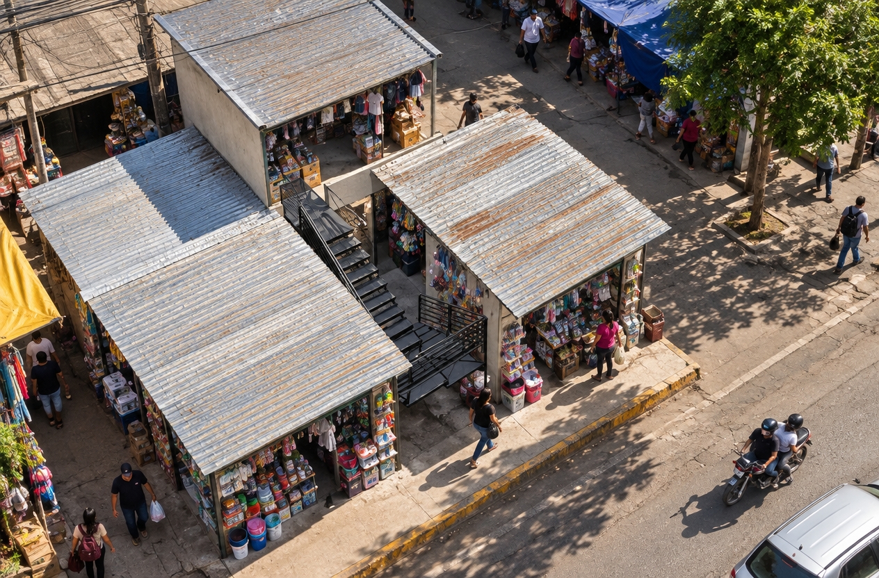 An incredibly lifelike, richly detailed, photorealistic high-angle architectural aerial shot of a bustling commercial corridor in Barrio Petrolero, Bermejo, set in a sun-drenched, humid subtropical afternoon. The scene is illuminated by the sharp, golden-hued sunlight of Tarija, creating a high-contrast atmosphere with deep, crisp shadows beneath the staircase and stalls. Captured with a 35mm lens, emphasizing the tactile textures of rusted corrugated *calamina* roofing and the matte, industrial finish of the steel structure.

The architecture is dominated by a slender, minimalist staircase constructed from thin, matte-black steel profiles that slice through the center of the dense urban fabric. The structure feels lightweight and utilitarian, its geometric simplicity providing a stark, contemporary contrast to the vibrant chaos of the kiosks below. These "casetas" are packed to the brim with an authentic, eclectic array of goods—stacks of plastic kitchenware, colorful household goods, and assorted boxed inventory spilling toward the pedestrian path. The weathered, corrugated galvanized metal roofs catch the afternoon light, their textures showing authentic signs of exposure and age. The surroundings hum with the energy of a border-town economy; the scene is alive with the subtle movement of shoppers navigating the narrow aisles, the glint of sunlight off a passing motorcycle, and the organic, layered density of a thriving, informal commercial marketplace.