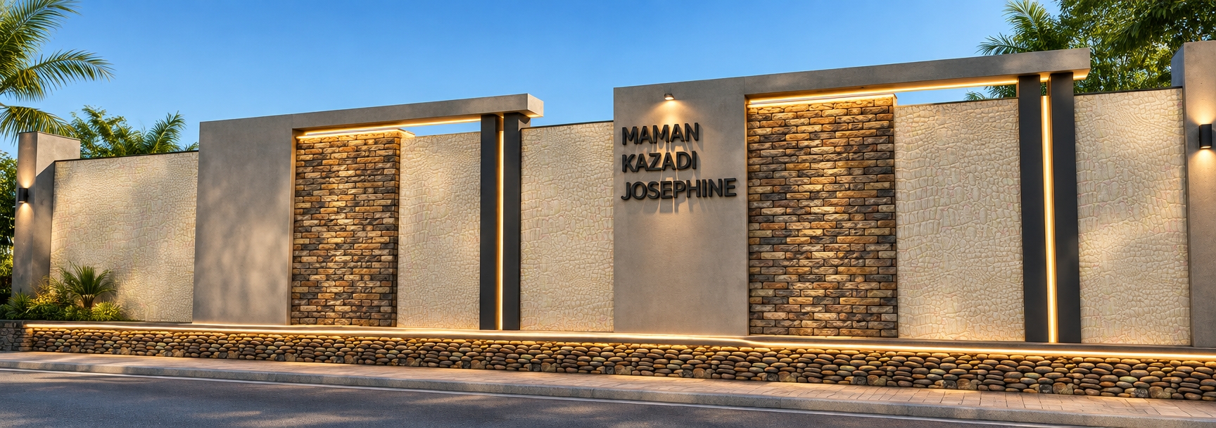 An incredibly lifelike, richly detailed, photorealistic eye-level exterior shot of a contemporary boundary wall set in a sun-drenched, manicured residential estate. The scene is illuminated by the crisp, golden light of a summer midday, creating a warm, inviting atmosphere with sharp, clean shadows. Captured with a 35mm lens, the rendering emphasizes the sophisticated contrast between the rugged, hand-laid natural river-stone base, the textured, off-white croc-skin-patterned panels, and the warm, earthy tones of the stacked-stone feature pillars. The composition is anchored by a sleek, central concrete monolith bearing the "MAMAN KAZADI JOSEPHINE" signage in refined, matte-black dimensional lettering. Integrated LED linear lighting is recessed beneath the overhanging concrete lintels and along the base, casting a gentle, high-end glow that highlights the meticulous craftsmanship. The composition balances modern architectural minimalism with organic material fusion, set against a brilliant, cloudless cerulean sky that makes the crisp edges and depth of the wall pop with vibrant clarity.