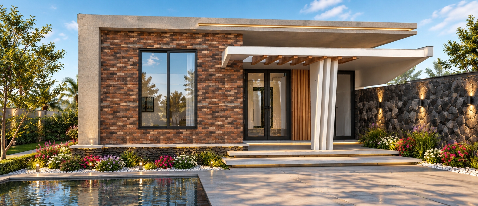 An incredibly lifelike, richly detailed, photorealistic eye-level exterior shot of a modern fusion residence set in a sun-drenched, manicured garden. The scene is illuminated by the crisp, golden light of a summer midday, creating a bright, welcoming atmosphere with sharp, clean shadows. Captured with a 35mm lens, emphasizing the rich contrast between the rustic, multi-toned brick facade, the sleek horizontal concrete overhang, and the intricate dark stone-clad perimeter wall. The composition balances the solid architectural massing with soft landscaping; a series of shallow, floating concrete steps lead to the entrance, flanked by beds of vibrant, colorful flowers nestled amidst polished white river stones. A shallow reflecting pool subtly mirrors the structure, while the seamless, smooth concrete pavement of the driveway extends into the foreground, completing the clean, contemporary aesthetic of this refined architectural portrait.