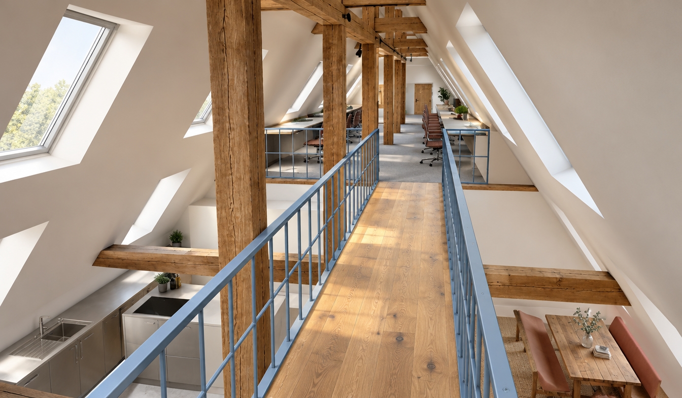 A crisp architectural photograph capturing the attic interior under soft, warm-white daylight streaming through the angled skylights. The central mezzanine walkway features a light blue powder-coated metal railing over natural hardwood floor planks, leading the eye toward the rear coworking area finished in textured gray commercial carpet. Slanted attic walls are a clean, matte off-white, accentuating the rugged texture of the exposed rustic timber beams and columns. Below on the left, the compact kitchen displays realistic brushed stainless steel cabinetry and sink surfaces, while the lower right dining nook features a solid rustic wood table accompanied by benches with muted salmon-colored fabric upholstery, all rendered with balanced exposure, sharp interior focal depth, and authentic material textures.