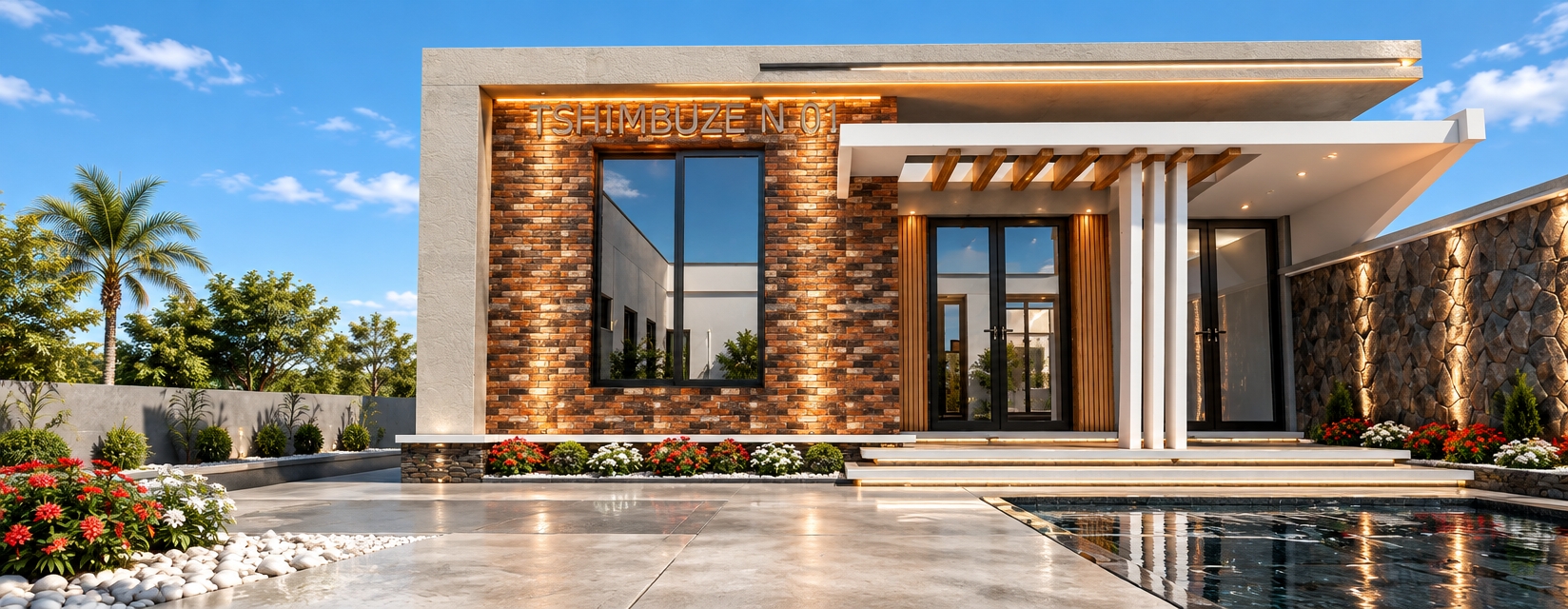 An incredibly lifelike, richly detailed, photorealistic eye-level exterior shot of a modern fusion residence set in a sun-drenched, manicured residential estate. The scene is illuminated by the crisp, golden intensity of a mid-summer midday sun, creating a vibrant, high-contrast atmosphere with sharp, dramatic shadows. Captured with a 24mm wide-angle lens, emphasizing the interplay between the rustic warmth of the multi-tonal brickwork and the sleek, polished finish of the concrete facade. The architecture features a striking material contrast, where the glowing, polished brick wall is accented by integrated linear LED wall washers that add a futuristic shimmer to the textured surface. The building is grounded by a pristine concrete driveway and perimeter path, softened by decorative beds of smooth white stones and pockets of vibrant red and white flowers. A minimalist water feature reflects the clear cerulean sky, creating a cooling effect against the clean, sharp lines of the roof overhang and the dark, reflective glass of the windows and doors. The composition highlights the balanced symmetry of the structure, with the organic stone-clad boundary wall framing the clean geometry of the home, conveying an ambiance of contemporary luxury and sophisticated desert-modern living.