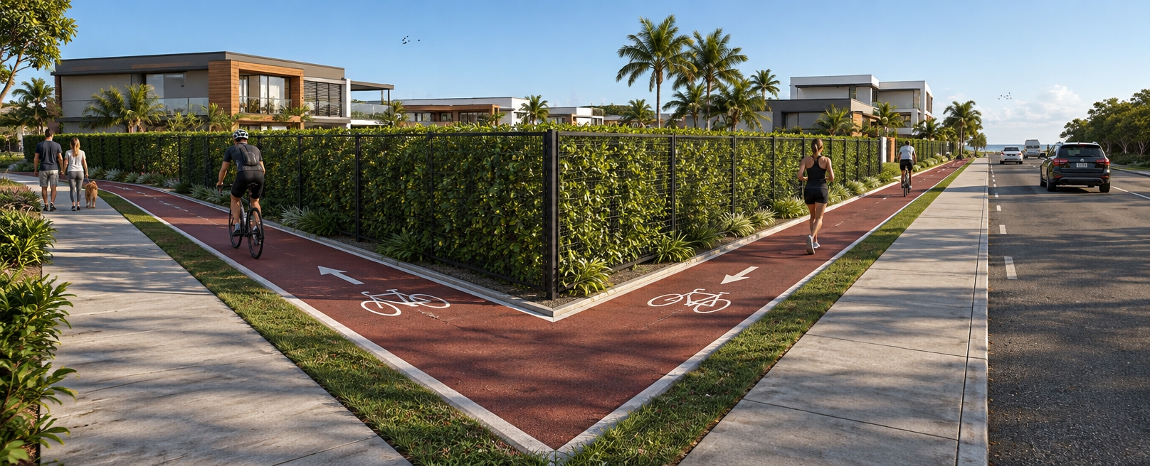 An eye-level architectural photograph taken with a 24mm wide-angle lens under crisp morning sunlight, converting the solid perimeter wall into a rectangular dark metal tube mesh fence densely woven with a vibrant green Swinglea hedge. The red asphalt bike path smoothly curves around the corner with crisp white painted transit markings, bordered by neat concrete curbs and fresh grass strips. Pedestrians stroll with dogs along the sidewalk while cyclists and joggers animate the bike path. Along the right roadway, realistic vehicles navigate the two-way asphalt street flanked by natural coastal mangroves. The modern residential facades showcase realistic timber cladding, glass reflections, and stucco textures, all balanced with soft natural shadows, authentic surface micro-textures, and subtle atmospheric depth.