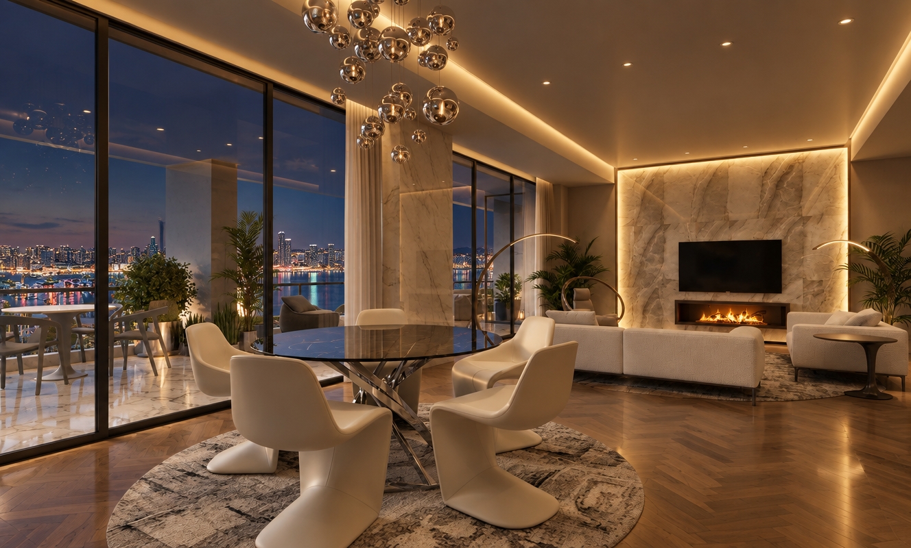 An incredibly lifelike, richly detailed, photorealistic interior shot of a sophisticated penthouse living room set in a high-rise urban environment. The scene is illuminated by the soft, golden glow of a flickering fireplace and recessed warm ambient lighting, creating a serene and ultra-luxurious atmosphere as the city lights begin to twinkle outside. Captured with a wide-angle lens, emphasizing the rich, warm textures of a premium parquet hardwood floor that contrasts beautifully with the sleek, cool marble tiling extending onto the sprawling terrace. The composition highlights a sense of contemporary elegance, where the matte ceiling provides a soft, non-reflective finish that grounds the space, while the panoramic view of the bay at night creates a breathtaking, infinite depth. The sleek, modern furnishings are arranged to frame the glowing hearth, perfectly blending the comfort of the interior with the sprawling, glittering skyline beyond the floor-to-ceiling glass walls.