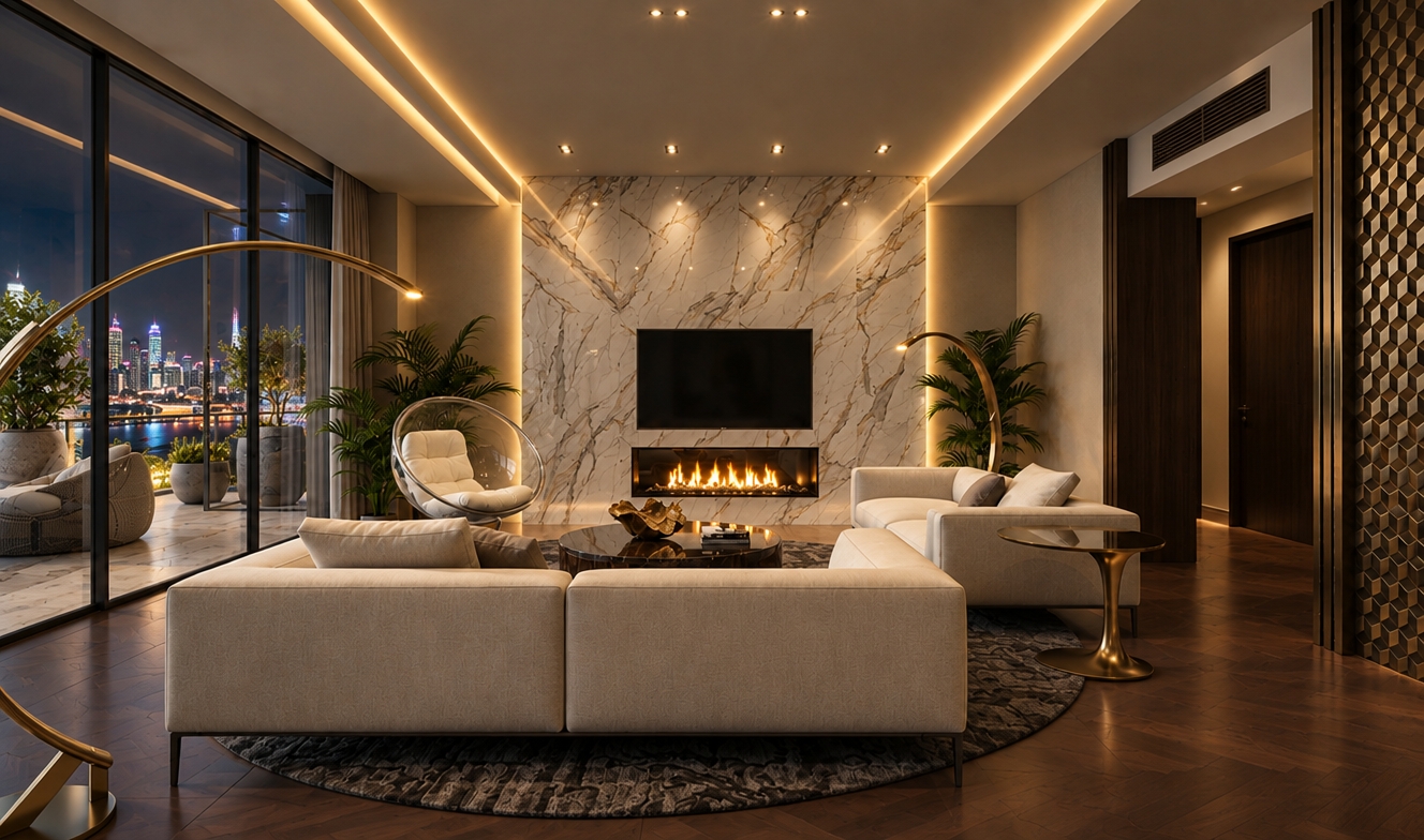 An incredibly lifelike, richly detailed, photorealistic interior shot of a sophisticated luxury penthouse living room set in a sprawling, glittering nocturnal cityscape. The scene is illuminated by the soft, golden glow of a flickering linear fireplace and recessed warm cove lighting, creating a tranquil, high-end "home comfort" atmosphere. Captured with a professional architectural wide-angle lens, emphasizing the rich texture of the matte-finished ceiling, the warmth of the dark parquet flooring, and the cool, polished porcelain tile of the expansive outdoor terrace. 

The composition centers on a monolithic Calacatta marble fireplace feature wall, which serves as the anchor for the open-concept space. The furniture is arranged with intentional elegance: a plush, cream-colored modular sofa sits atop a circular, deep-charcoal textured rug, balancing the sharp architectural lines with organic curves. Through the floor-to-ceiling glass wall, the night panorama of the city skyline reveals a sea of twinkling lights, blurring the boundary between the refined interior and the vibrant urban environment. The reflections on the marble floors and the deliberate placement of lush, vibrant greenery add depth and life, while the subtle metallic accents of the sculptural floor lamps provide a final touch of contemporary luxury.