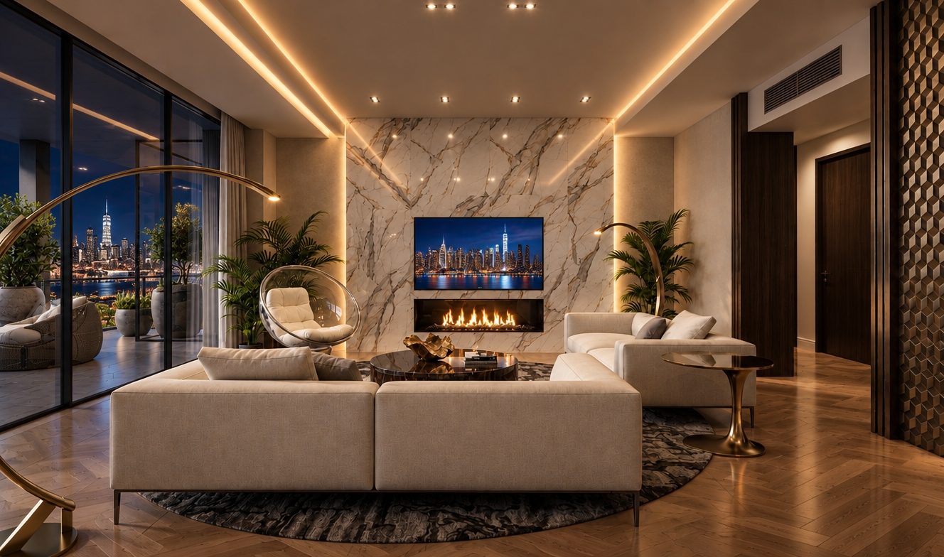 An incredibly lifelike, richly detailed, photorealistic interior shot of a luxurious contemporary penthouse living room set in the heart of a vibrant urban skyline at night. The scene is illuminated by the soft, warm glow of a flickering linear fireplace and recessed LED cove lighting, creating an intimate, sophisticated atmosphere. Captured with a wide-angle 24mm lens, emphasizing the interplay between the polished, warm-toned herringbone parquet flooring and the cool, veined marble feature wall. The television serves as a luminous window, displaying a crisp, sweeping night panorama of the New York City skyline, which mirrors the stunning city lights visible through the floor-to-ceiling glass walls. Beyond the balcony, the exterior terrace features durable, large-format slate-gray tiles, beautifully contrasting with the interior's elegance. Every detail—from the plush, light-colored modular sofa set atop a dark, circular textured rug to the metallic gold accents of the arching floor lamps—exudes refined comfort and high-end design, perfectly framing the depth and spatial harmony of this modern urban sanctuary.