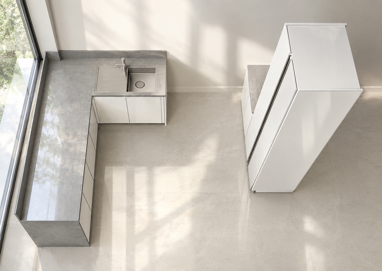 An incredibly lifelike, richly detailed, photorealistic high-angle interior shot of a bespoke, minimalist kitchen set in a serene, light-filled architectural haven. The scene is illuminated by soft, diffused morning light streaming from an adjacent window, creating a crisp, airy, and tranquil atmosphere. Captured with a 35mm wide-angle lens, the image emphasizes the seamless integration of clean-lined cabinetry and premium textures.

The L-shaped kitchen layout features sleek, high-gloss white cabinetry that reflects the ambient light, providing a brilliant contrast to the expansive gray quartz countertop, which showcases a sophisticated, fine-grained mineral pattern. An undermount stainless steel sink is perfectly integrated into the stone surface, complemented by a minimalist, brushed-nickel faucet that adds a touch of modern utility. The layout, paired with a tall, integrated pantry unit in matching matte white, creates a balanced, uncluttered aesthetic. The composition highlights the geometric purity of the space, with long, clean lines and hidden handle-less hardware contributing to a high-end, functional, and deeply peaceful environment.