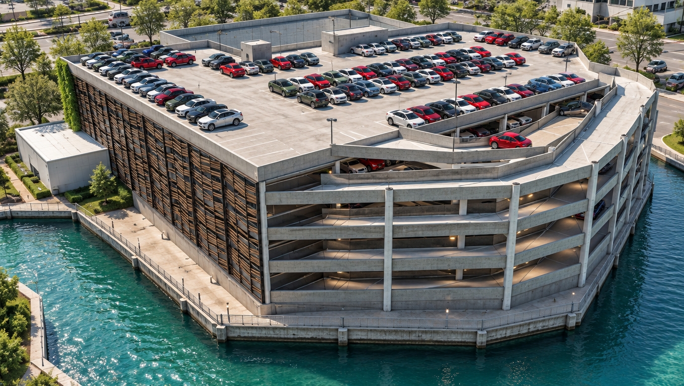 An aerial architectural photograph capturing the multi-level parking structure and adjacent water under crisp, bright midday spring sunlight, maintaining the exact geometry, camera angle, and composition. The concrete surfaces exhibit realistic matte textures, joint seams, and subtle weathering, complemented by authentic material grain on the exterior facade louvers. The parked vehicles feature natural automotive paint finishes with sharp specular highlights, clear-coat reflections, and detailed glass. The vertical green wall displays lush, vibrant spring foliage, while the turquoise water exhibits gentle surface wind ripples and soft sky reflections. High-angle daylight casts sharp, natural shadows beneath the ramps, structural slabs, and vehicle undercarriages, rendering the entire scene with photorealistic depth and clarity.