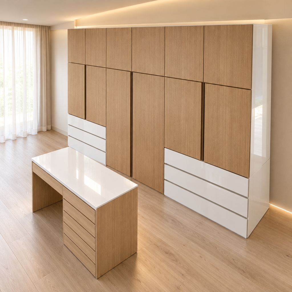 An incredibly lifelike, richly detailed, photorealistic interior shot of a bespoke walk-in closet set in a minimalist haven. The scene is illuminated by soft, diffused cove lighting that accentuates the clean lines of the joinery, creating a serene and sophisticated atmosphere. Captured with a 35mm wide-angle lens, the image emphasizes the contrasting textures of high-gloss, ultra-white cabinetry paired with warm, natural light-toned woodgrain accents. The floor-to-ceiling wardrobe features vertical woodgrain panels and sleek, seamless integration, while the central island desk is finished in the same exquisite light woodgrain, featuring a handle-less, push-to-open design that enhances its minimalist aesthetic. The depth of field is shallow, drawing focus to the polished, reflective surfaces of the glossy white drawers, which offer a brilliant contrast against the organic warmth of the timber finishes. Every edge is crisp and precision-engineered, reflecting a modern, clutter-free sanctuary designed for both organization and calm.