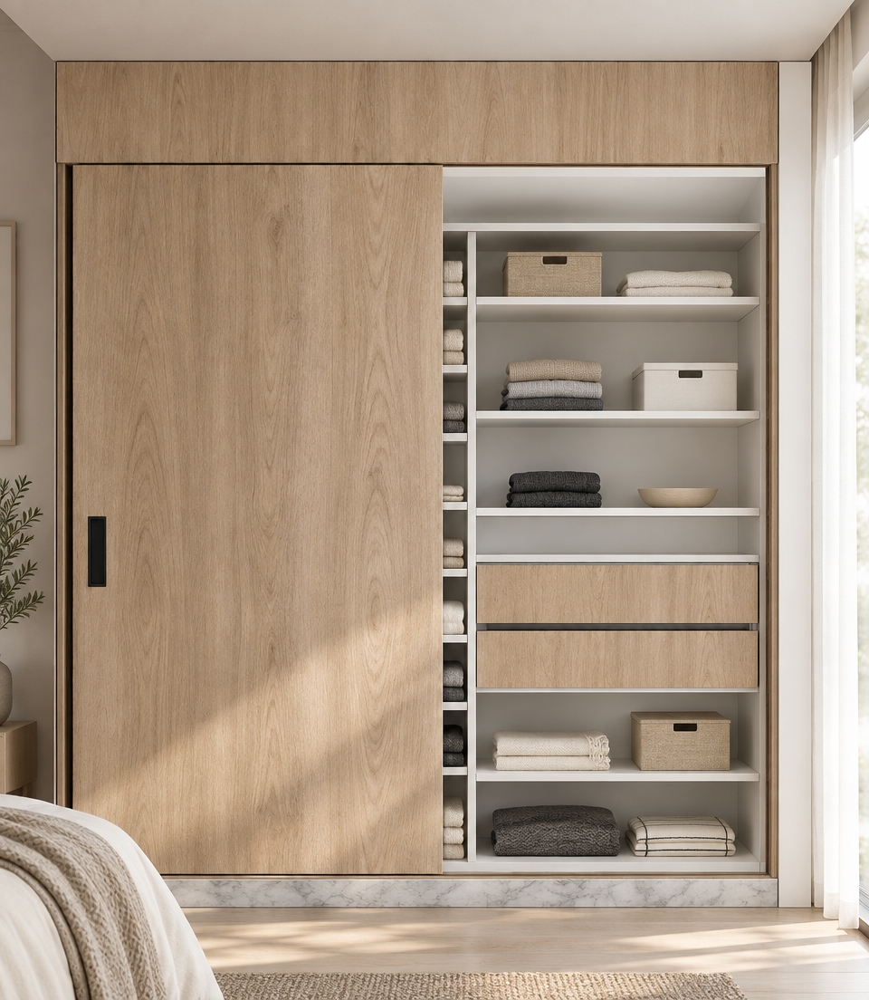 An incredibly lifelike, richly detailed, photorealistic interior eye-level shot of a bespoke wardrobe unit set in a serene, minimalist bedroom haven. The scene is illuminated by soft, diffused morning light filtering in from an adjacent window, creating a tranquil and airy atmosphere. Captured with a 35mm lens, emphasizing the fine, organic grain of the light oak veneer and the crisp, matte-white finish of the interior cabinetry.
The wardrobe features a sophisticated floor-to-ceiling design, anchored by a sleek sliding door finished in a warm, natural wood tone that complements the serene palette of the room. A minimalist matte-black recessed handle provides a sharp, modern contrast against the textured timber. To the right, the open shelving structure reveals a clean, bright white interior, meticulously organized to maintain a sense of architectural order. The base of the unit is grounded by a subtle, cool-toned marble plinth that adds a touch of refined luxury to the space. The composition emphasizes the seamless integration of form and function, where the interplay of light and shadow highlights the clean lines and premium textures, evoking a sense of calm, high-end simplicity.