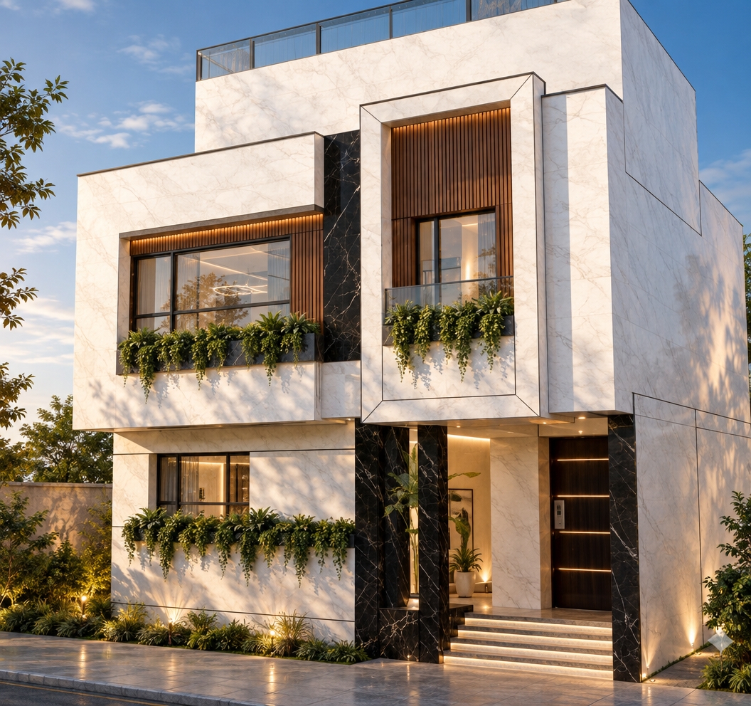 An incredibly lifelike, richly detailed, photorealistic eye-level exterior shot of a contemporary luxury villa set in a serene, sun-drenched residential enclave. The scene is illuminated by the soft, golden hues of late afternoon sun, creating a sophisticated and welcoming atmosphere. Captured with a 35mm wide-angle lens, emphasizing the crisp contrast between the polished white marble cladding and the deep, veined black Nero Marquina marble accents.

The facade is a masterclass in minimalist design, where clean, boxy volumes are softened by warm timber louvers. On the first floor, lush, vibrant greenery is integrated into the window surrounds, breathing organic life into the sharp, architectural lines. Large floor-to-ceiling glass panels feature subtle, semi-transparent reflections of a clear blue sky, while the recessed entryway is framed by towering black marble columns, leading the eye toward the inviting, warm glow emanating from the interior living space. A sleek frameless glass balustrade lines the balcony, adding a layer of transparency that enhances the structure's depth. The composition is grounded by subtle, well-placed landscape lighting that highlights the texture of the white stone, perfectly balancing the interplay of light and shadow to create a high-end, aspirational urban retreat.