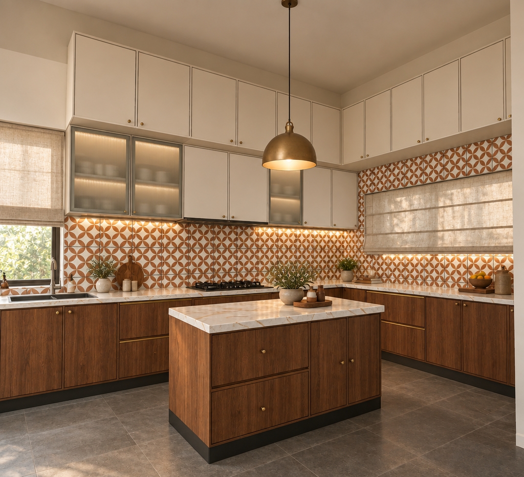 Photorealistic interior photograph of the kitchen maintaining the exact composition, perspective, and cabinetry layout. The floor is finished in authentic matte grey Kota stone with subtle natural texture and neat grout lines. An elegant pendant light hangs over the central island, casting warm, focused illumination across the countertop. Base cabinetry features realistic rich walnut wood grain, paired with smooth off-white and frosted glass upper units, glossy geometric backsplash tiles, balanced natural daylight, and subtle lens vignetting.