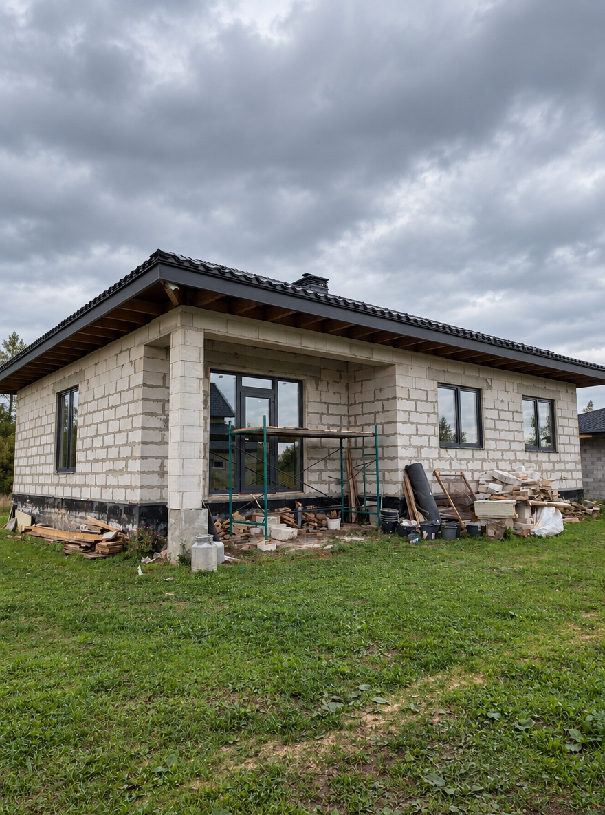 A crisp architectural photograph of the single-story aerated concrete block house under an overcast sky, shot with a 35mm lens. Diffused natural daylight evenly illuminates the textured cinder-block walls, dark roofline, and scaffolding around the recessed entryway, maintaining the exact structural geometry and surrounding yard. Subtle reflections appear on the window glazing, complemented by natural grass textures, balanced exposure, authentic construction debris, and gentle edge vignetting.