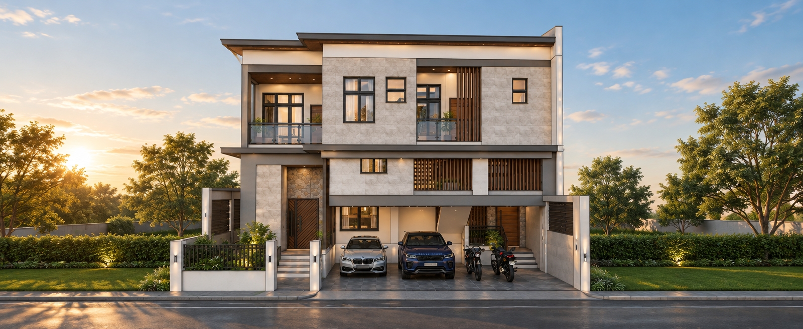 An incredibly lifelike, richly detailed, photorealistic eye-level exterior shot of a modern three-story minimalist residence set in a serene, upscale suburban environment. The scene is illuminated by the soft, golden-hued light of a late afternoon sun, creating a warm, inviting atmosphere with gentle, long shadows that emphasize the building's clean geometry. Captured with a 35mm lens, the rendering highlights the seamless interplay between smooth, matte-white concrete, textured light-gray stone cladding, and warm vertical timber slats that provide a rhythmic, organic contrast to the linear architecture.

The façade is an exercise in restraint and elegance, featuring deep-set balconies with sleek, frameless glass balustrades that suggest a bright, open living room experience just beyond the threshold. The ground floor carport—a masterclass in functional, uncluttered design—houses a pair of high-end vehicles parked on precision-laid slate tiles. To the left, a landscaped entry features lush, manicured greenery, mirroring the Zen-inspired aesthetic found within. Every element, from the black aluminum-framed windows to the subtle interplay of light and shadow across the recessed eaves, conveys a sense of streamlined luxury. The composition is balanced and symmetrical, framed by a clear blue sky, evoking the polished, aspirational quality of a feature spread in a high-end architectural photography book.