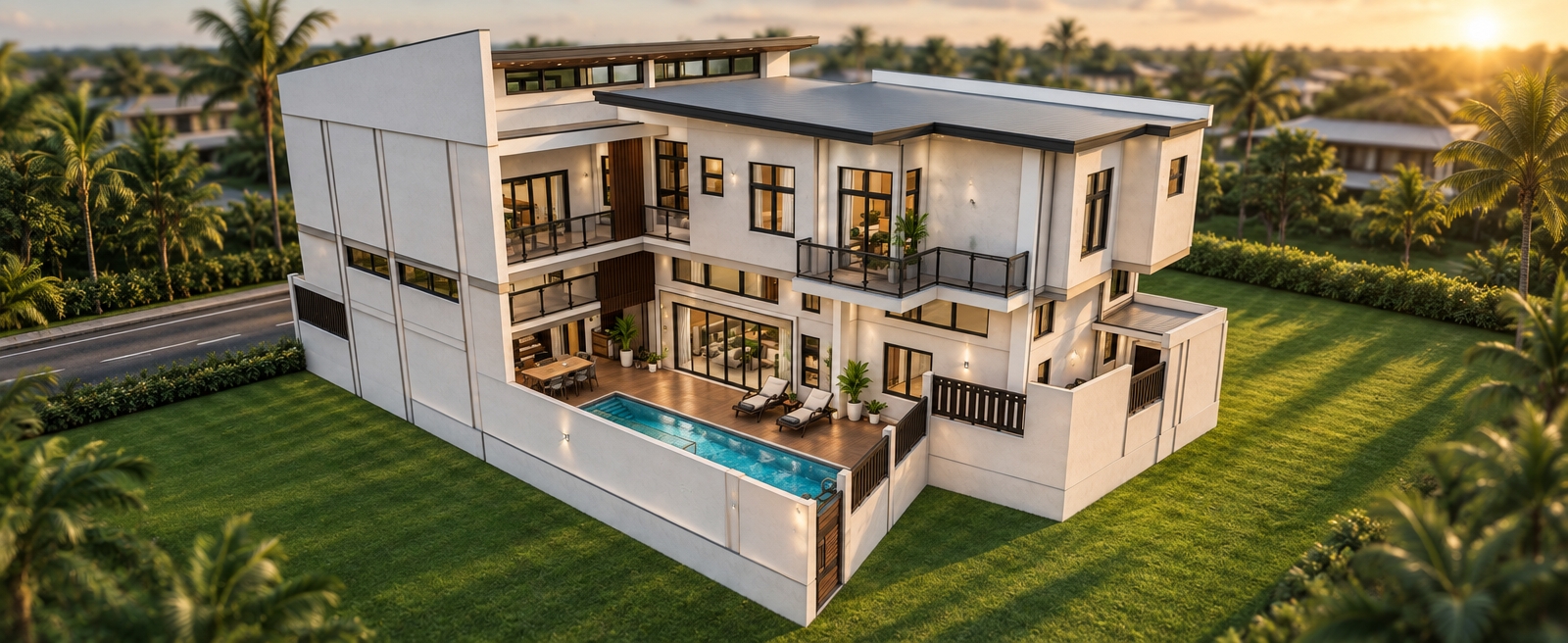 An incredibly lifelike, richly detailed, photorealistic bird’s-eye architectural rendering of a contemporary tropical residence set in a serene, manicured suburban environment. The scene is illuminated by the soft, golden-hour light of a late afternoon sun, creating a warm, inviting atmosphere with crisp, elongated shadows that highlight the home’s tiered geometry. Captured with a professional 35mm tilt-shift lens, the image emphasizes the smooth, matte-white stucco finish of the exterior walls contrasted against dark, sleek powder-coated aluminum window frames.

The residence is a masterclass in modern minimalism, where clean lines and uncluttered forms define the structure. A spacious deck features warm-toned composite wood planking, grounding the outdoor lounge area, which is furnished with sleek, minimalist sun loungers and a refined dining set. Inside, a glimpse into the open-plan living room reveals a Zen-inspired sanctuary: monochromatic walls in shades of soft gray and off-white act as a canvas for abstract wall art and streamlined, functional furniture. Lush indoor plants provide vibrant pops of greenery against the neutral palette, while clutter-free surfaces and sophisticated metallic accents enhance the home’s sense of airy, effortless elegance. The composition, framed by a private lap pool with shimmering azure water, conveys a lifestyle of refined tranquility and architectural precision.