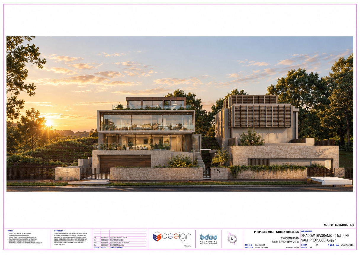 A crisp architectural photograph capturing the multi-level residence during an early summer sunrise, strictly preserving the straight-on perspective, geometry, and layout. Warm, low-angled morning sunlight rakes across the building surfaces, casting long, soft shadows and illuminating the textured render, slatted screening, and glass railings with a rich golden glow. The expansive glazing displays natural reflections of the soft dawn sky and surrounding lush foliage. Materials show realistic physical micro-textures, rendered with balanced exposure, warm color temperature, sharp edge definition, and subtle atmospheric clarity characteristic of a clear summer morning.