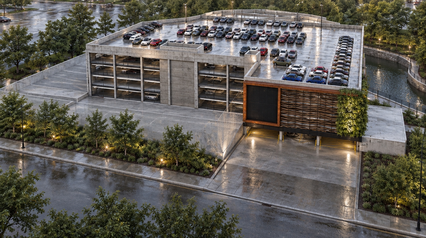 A sharp architectural photograph of the multi-story parking structure captured from an elevated perspective under crisp daylight. The rough, poured concrete of the facade and rooftop deck displays subtle weathering and dampness, while the parked electric vehicles gleam with glossy automotive finishes and precise specular reflections. Rain-slicked asphalt surfaces around the facility reflect ambient daylight, accented by the soft glow of integrated wall fixtures and functional lamp posts. Clean architectural glass, realistic vertical green wall foliage, and detailed metal louvers ground the building, complemented by natural lens depth, realistic atmospheric diffusion, and gentle environmental shadows.