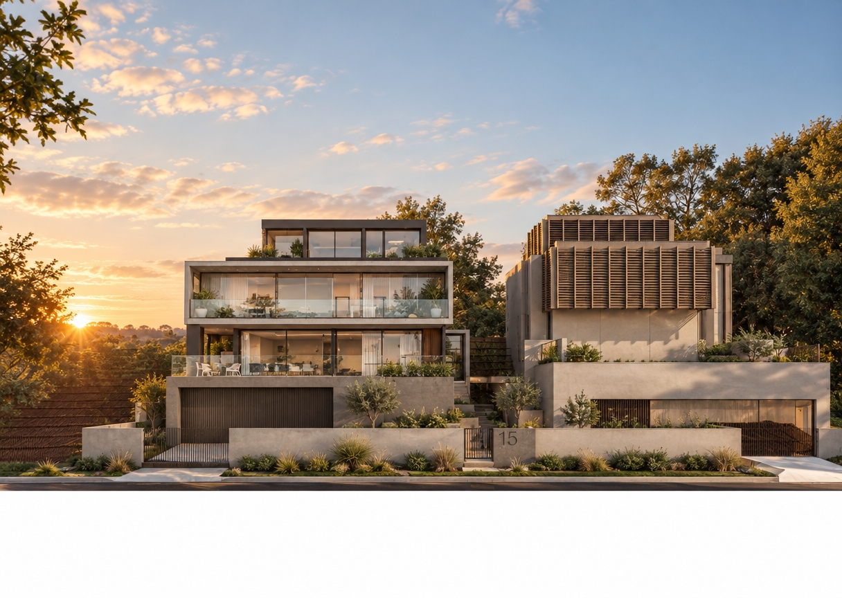 A photorealistic architectural photograph of the scene during a crisp summer sunrise, bathed in warm, low-angled golden hour sunlight. Soft, elongated morning shadows define the architectural planes, accentuating the concrete, rendered finishes, and exterior louvers with subtle surface textures. Expansive glazing and glass balustrades capture authentic, gentle morning sky reflections and realistic light bounces. Surrounding foliage is softly backlit by the rising sun, captured through a sharp architectural lens with natural exposure, subtle ambient warmth, and faint film grain while preserving the exact layout, geometry, and framing.