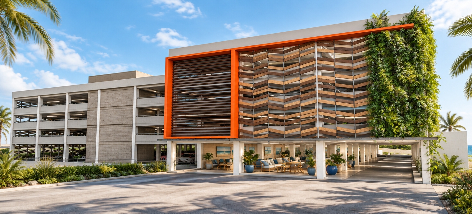 An incredibly lifelike, richly detailed, photorealistic wide-angle architectural shot of a modern, multi-level parking structure integrated with a coastal-inspired amenity zone, set in a sunny, breezy seaside environment. The scene is illuminated by the bright, crisp light of a spring midday, creating a fresh and inviting atmosphere that softens the industrial geometry of the building. Captured with a professional-grade 35mm lens, emphasizing the intricate contrast between the structural chevron-patterned timber screening, the vibrant safety-orange steel framing, and the lush, cascading vertical greenery clinging to the side of the edifice.

The lower level transitions from a functional parking deck into a sophisticated, open-air lounge area designed with an airy, nautical sensibility. Soft, sandy-neutral concrete finishes and white-washed columns frame the space, which is furnished with weathered wicker and light wooden lounge chairs. The aesthetic is unmistakably beachy and relaxed, featuring uncluttered surfaces, tasteful seascape wall art, and elegant shades of azure and deep blue that mirror the nearby ocean. Potted coastal plants thrive in the filtered sunlight, further bridging the gap between the building’s urban function and the natural beauty of the coastal landscape. Deep, soft shadows play across the ground, while the gentle, implied ocean breeze adds a sense of movement to the verdant foliage, making the structure feel like a seamless part of a coastal sanctuary.