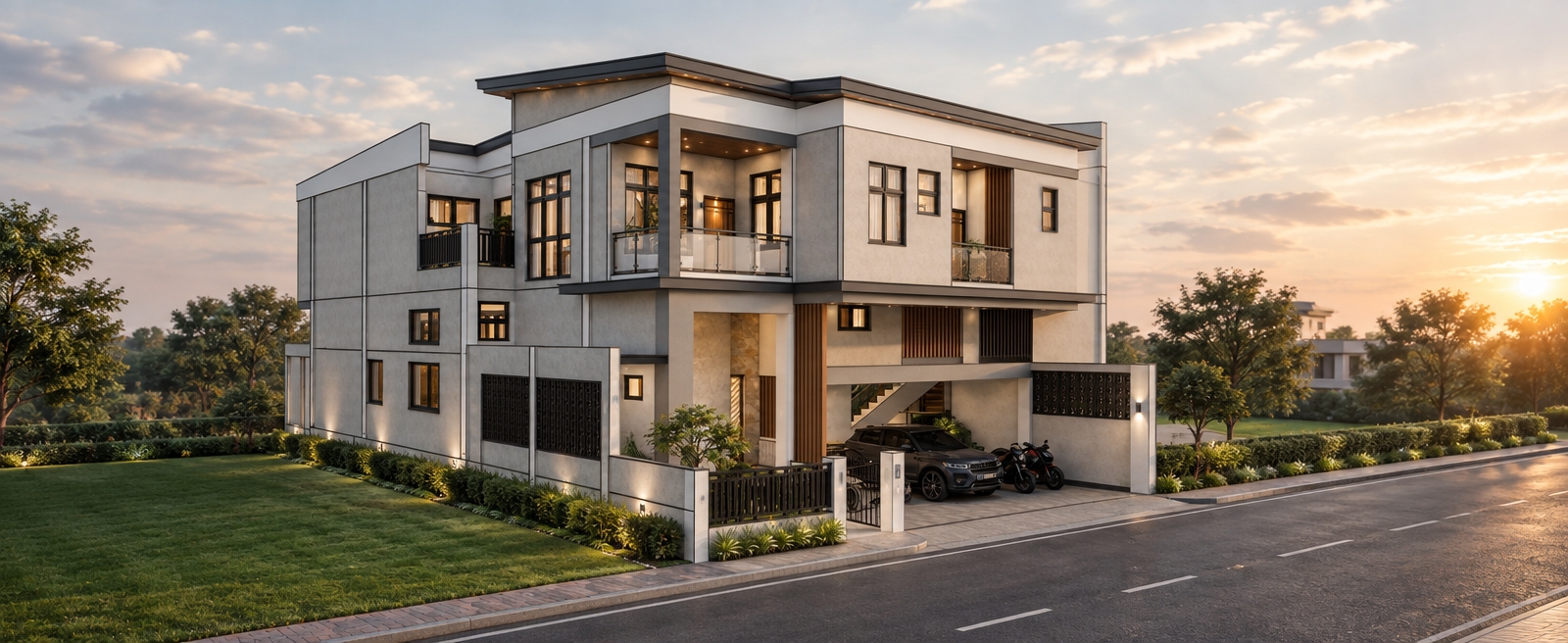 An incredibly lifelike, richly detailed, photorealistic exterior perspective shot of a sleek, multi-story modern residence set in an upscale suburban enclave. The scene is illuminated by the soft, diffused light of a late afternoon sun, creating a serene and inviting atmosphere. Captured with a professional-grade tilt-shift lens on a full-frame camera, emphasizing the crisp clean lines of the facade and the intricate textures of the stone accents.

The home embodies a minimalist haven, showcasing a sophisticated monochromatic palette of warm grays, crisp whites, and natural wood slats. The architecture features a streamlined, blocky silhouette that feels both elegant and functional, with expansive glazing that hints at an airy, uncluttered interior beyond. A sheltered ground-floor parking area houses a dark-toned luxury SUV, while the upper-level balconies are enclosed with sleek, glass-railed accents that catch the soft glow of the horizon. The exterior walls are finished in a high-quality matte render, complemented by dark metallic window frames and vertical timber elements that add warmth to the structure. Lush, manicured greenery at the base of the boundary walls balances the concrete surfaces, while the entire composition exudes a zen-inspired, uncluttered aesthetic. The transition from the textured driveway to the solid facade is seamless, creating a visual harmony that feels both established and modern.