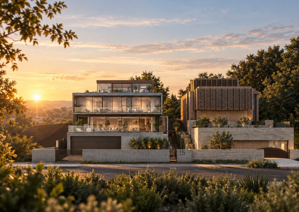 Capture this exact multi-level architectural composition as an authentic summer sunrise photograph. Bathe the structure and surrounding trees in warm, low-angled golden dawn light, casting long soft-edged shadows and illuminating the horizon with gentle morning hues. Render the smooth concrete facades, textured louvers, and glass balconies with realistic surface physics, natural reflections, and subtle morning haze. Shot through a crisp architectural tilt-shift lens, the image displays sharp geometries, vibrant foliage backlit by the sun, faint lens flare, and delicate grain for complete photographic realism.