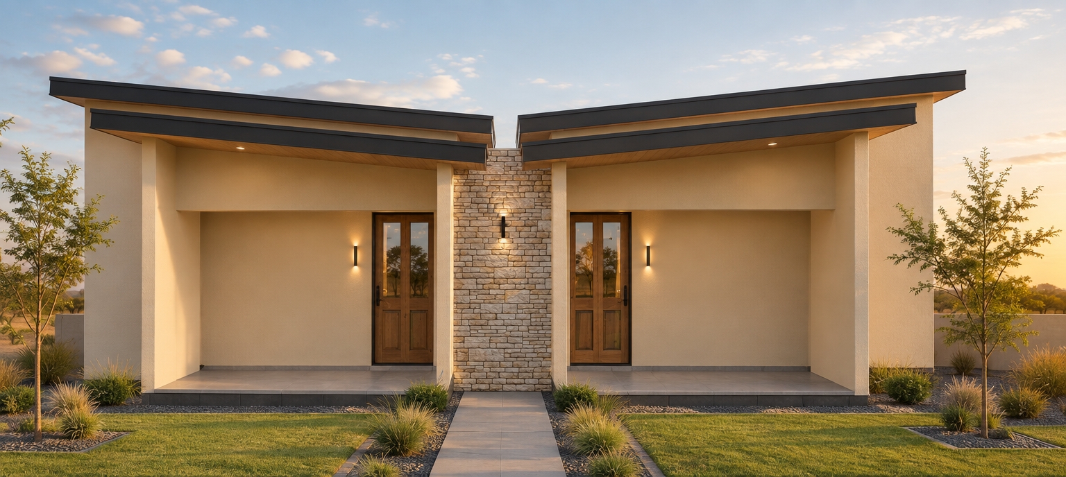 An incredibly lifelike, richly detailed, photorealistic eye-level exterior shot of a modern symmetrical duplex set in a tranquil, dry sub-Saharan landscape. The scene is illuminated by the soft, honeyed glow of the late afternoon golden hour, creating a warm and inviting atmosphere. Captured with a 35mm lens to ensure perfect vertical alignment and a natural field of vision, the image emphasizes the rich textures of smooth beige plaster, rugged dry-stacked stone, and deep charcoal metallic roof lines.

The building serves as a masterclass in modern minimalism, with the central stone-clad column grounding the structure and providing a warm, tactile contrast to the crisp, clean lines of the flanking beige walls. The roofline, featuring a dynamic butterfly pitch, draws the eye upward, while the dark charcoal fascia boards provide a sharp, premium finish against the clear, pale blue sky. The timber doors, finished in a warm, natural grain, catch the low sun, while the high-quality aluminum frames hold glass that shows subtle, realistic reflections of the surrounding landscape. The shadows beneath the recessed verandas are soft and deep, adding significant depth and emphasizing the structural volume.

The landscaping reflects an elegant, water-conscious design native to the Botswana climate. Neatly edged patches of lawn are punctuated by clusters of hardy ornamental grasses and low-profile, drought-resistant shrubs. A path of large-format, light-grey pavers leads to the entrances, framed by beds of dark, clean gravel mulch. A few slender, contemporary ornamental trees are placed with geometric precision to soften the edges without obscuring the architectural symmetry. The entire composition feels like a contemporary high-end residential estate: elegant rather than extravagant, with a restrained beige, charcoal, natural stone, and timber colour palette. The landscaping reinforces the architecture, creating a minimalist haven that feels both grounded in its environment and sophisticated in its execution.