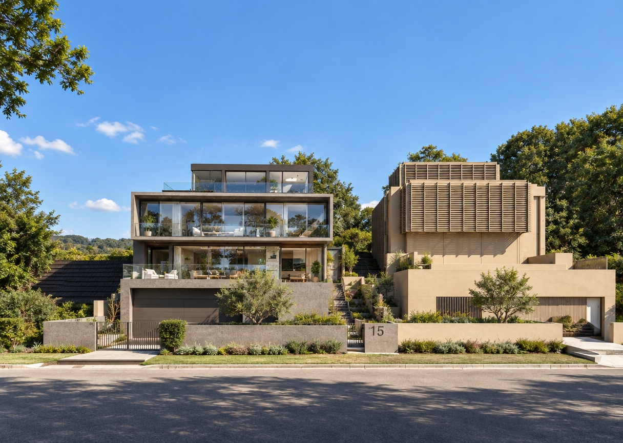 A photorealistic architectural photograph capturing the exact multi-storey dwelling design and neighboring structure under intense summer midday sunlight, preserving the identical front-facing perspective, geometry, and composition. The overhead sun casts crisp, defined shadows beneath overhangs and louvres, highlighting natural micro-textures in the smooth gray concrete, rendered beige walls, and dark metal trims. Large glazed balconies feature realistic reflections of the surrounding lush green trees and clear summer sky, complete with subtle interior depth. The image is rendered with true-to-life architectural photography optics, crisp edge definition, natural color balance, subtle atmospheric warmth, and fine photographic grain.