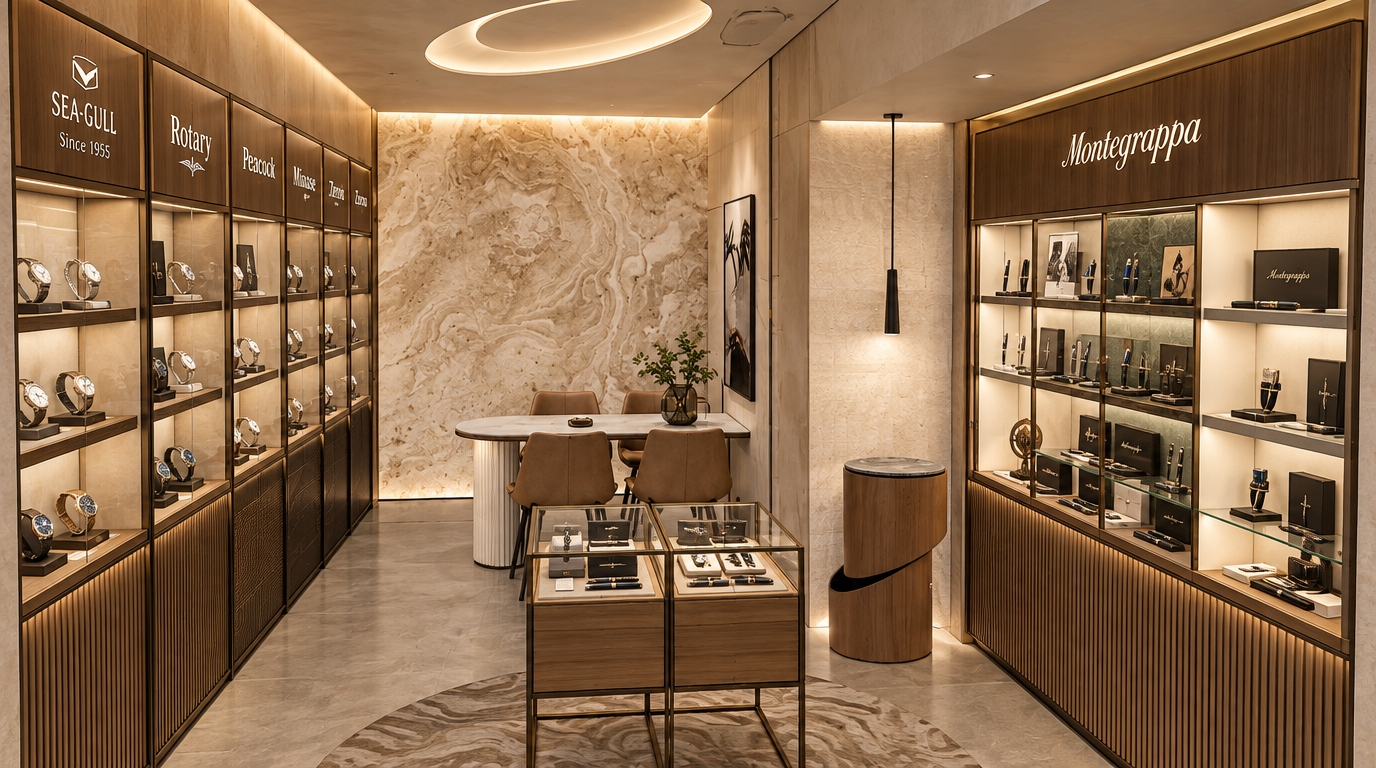 A crisp architectural photograph of a luxury watch and pen showroom, precisely retaining the interior geometry and layout. Soft 3000K integrated LED showcase lighting and ambient fixtures illuminate the fluted oak cabinetry, polished travertine accent wall, and glass display cases with natural, soft reflections. The upper headers cleanly present the authentic brand typography for SEA-GULL — Since 1955, Montegrappa, Rotary, Peacock, Minase, and Zeroo. Captured on a wide-angle architectural lens with deep focus, balanced warm exposures, tactile micro-textures on the leather and wood, and faint photographic grain.