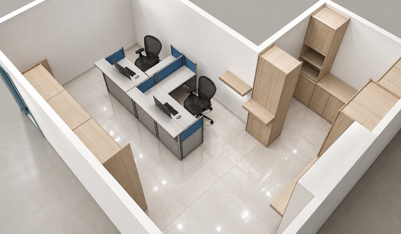 A clean architectural photograph capturing the exact high-angle axonometric room layout, featuring smooth matte white walls and large-format polished quartz tile flooring with subtle, realistic reflections. The central workstations feature light gray laminate desktops framed by slim metallic partition screens with textured blue acoustic fabric upper inserts and lower perforated metal panels, complemented by black mesh ergonomic chairs. Surrounding tall cabinetry, low credenzas, and floating wall shelves are finished in realistic light blonde wood grain with gentle natural variation. Diffused, neutral interior overhead lighting creates authentic ambient occlusion, soft contact shadows, and realistic material physics across all surfaces, rendering the scene as a crisp, professionally shot office interior.