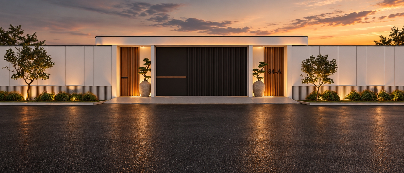 An incredibly lifelike, richly detailed, photorealistic eye-level exterior shot of a modern minimalist residence entrance set in a serene, high-end residential neighborhood. The scene is illuminated by the soft, golden glow of a late sunset, casting warm highlights across the facade while dramatic, concealed floor lighting behind the stone vases spills upward to create a sophisticated, ethereal atmosphere. Captured with a 35mm lens, emphasizing the sharp contrast between the matte black metal texture of the central gate and the rich, organic grain of the vertical slatted wooden panels flanking the entryway. The boundary wall features clean white paneling that catches the fading daylight, perfectly framing the symmetry of the entrance. Flanking the gate, two sculptural bonsai-style trees rest in elegant stone planters, their silhouettes softened by the warm wash of hidden LED uplighting. The foreground features a smooth, dark asphalt driveway that reflects the ambient twilight, creating a sense of deep perspective and grounded luxury that draws the eye directly toward the refined "84-A" house numbering.