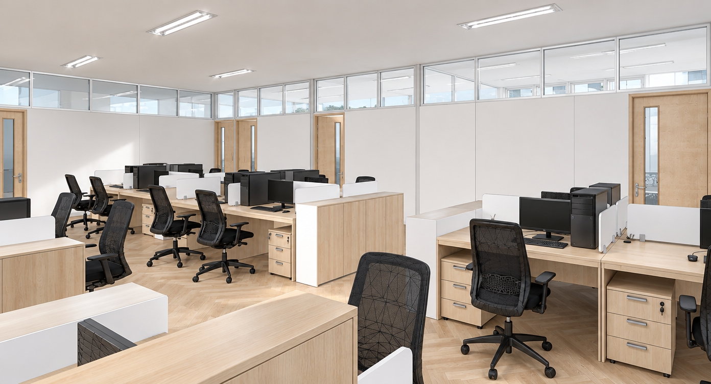 An incredibly lifelike, richly detailed, photorealistic wide-angle interior shot of a modern, minimalist corporate office suite set in a bright, professional urban building. The scene is illuminated by crisp, natural midday light streaming through exterior windows, complemented by the cool, even glow of recessed double-tube parabolic louver fluorescent fixtures overhead, creating a focused and productive atmosphere. Captured with a 24mm wide-angle lens, the composition emphasizes the clean lines of the light oak wood-grain workstation clusters and the elegant rhythm of the floor-to-ceiling partitions.

The space is defined by a sophisticated herringbone-patterned light oak floor that adds a subtle tactile texture beneath the ergonomic mesh office chairs. The walls are finished in a smooth, matte white plaster, punctuated by minimalist light oak doors featuring vertical glass vision panels. Above, a sleek run of white-framed clerestory windows draws the eye upward to the crisp white flat-finish ceiling. The workstations are organized with efficient precision, featuring matching light wood desks, functional under-desk pedestals, and pristine white acoustic privacy dividers that maintain a sense of open-plan connectivity. Reflections of the diffuse overhead lighting dance softly across the polished glass and smooth laminate surfaces, grounding the office in a serene, contemporary aesthetic of high-end corporate efficiency.