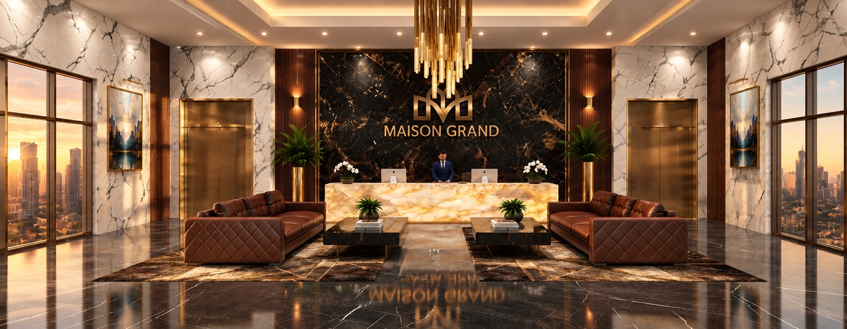 An incredibly lifelike, richly detailed, photorealistic wide-angle interior shot of a luxury hotel lobby set in an urban high-rise during a golden spring sunset. The scene is illuminated by the warm, amber glow of the setting sun filtering through floor-to-ceiling windows, contrasted by the soft, ambient internal lighting, creating a sophisticated and welcoming atmosphere. Captured with a professional 35mm lens, the focus emphasizes the interplay between the cool, polished black marble flooring and the striking white veined marble walls.

The composition centers on a bold, backlit reception desk crafted from glowing honey-onyx, positioned beneath a cascading, sculptural gold chandelier. Behind the desk, a dramatic feature wall of obsidian-toned marble showcases the "MAISON GRAND" logo in polished brass. The symmetrical layout features two deep, tufted leather sofas in a rich mahogany, anchored by geometric, minimalist coffee tables and abstract art prints that echo the vibrant energy of the city skyline visible outside. Lush greenery in metallic planters brings a touch of organic softness to the sleek, contemporary space, while the play of deep shadows and reflective surfaces adds a sense of immense depth and architectural grandeur.