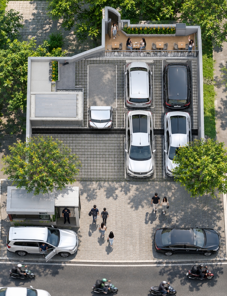 An incredibly lifelike, richly detailed, photorealistic elevated architectural shot of a chic second-floor terrace and bustling ground-level entrance courtyard set in a contemporary apartkost in Sidosermo, South Surabaya. The scene is illuminated by bright, radiant midday tropical sunlight casting crisp, defined shadows, creating a vibrant, upscale, and welcoming atmosphere. Captured with a sharp architectural wide-angle lens, emphasizing the fine textures of timber decking, smooth light-grey Aluminium Composite Panel (ACP) facade accents, and textured paving stones below, the balcony serves as an airy leisure retreat with four neatly arranged outdoor tables and pairs of minimalist chairs. Along the wall, rectangular planter boxes burst with lush, broad-leafed yellow Heliconia blossoms, while the outer edge features a stylish border of light-grey coral gravel just inside the safety railing. On the balcony, a young woman in casual attire emerges from the glass doorway to join two friends chatting at a table, while another woman leans gracefully against the railing, waving down toward the busy parking bay. Below, the neatly paved ground lot is full of cars parked side by side, where a young driver steps out of his vehicle and an on-duty security guard watches over the premises beside the sleek, flat-roofed light-grey guard post. Beyond the entrance, lush leafy tree canopies frame the lively frontage where groups of stylish youths stroll in from the bright Surabaya street, which hums with passing motorcycles and commuter traffic, completing a dynamic and sophisticated urban tableau.