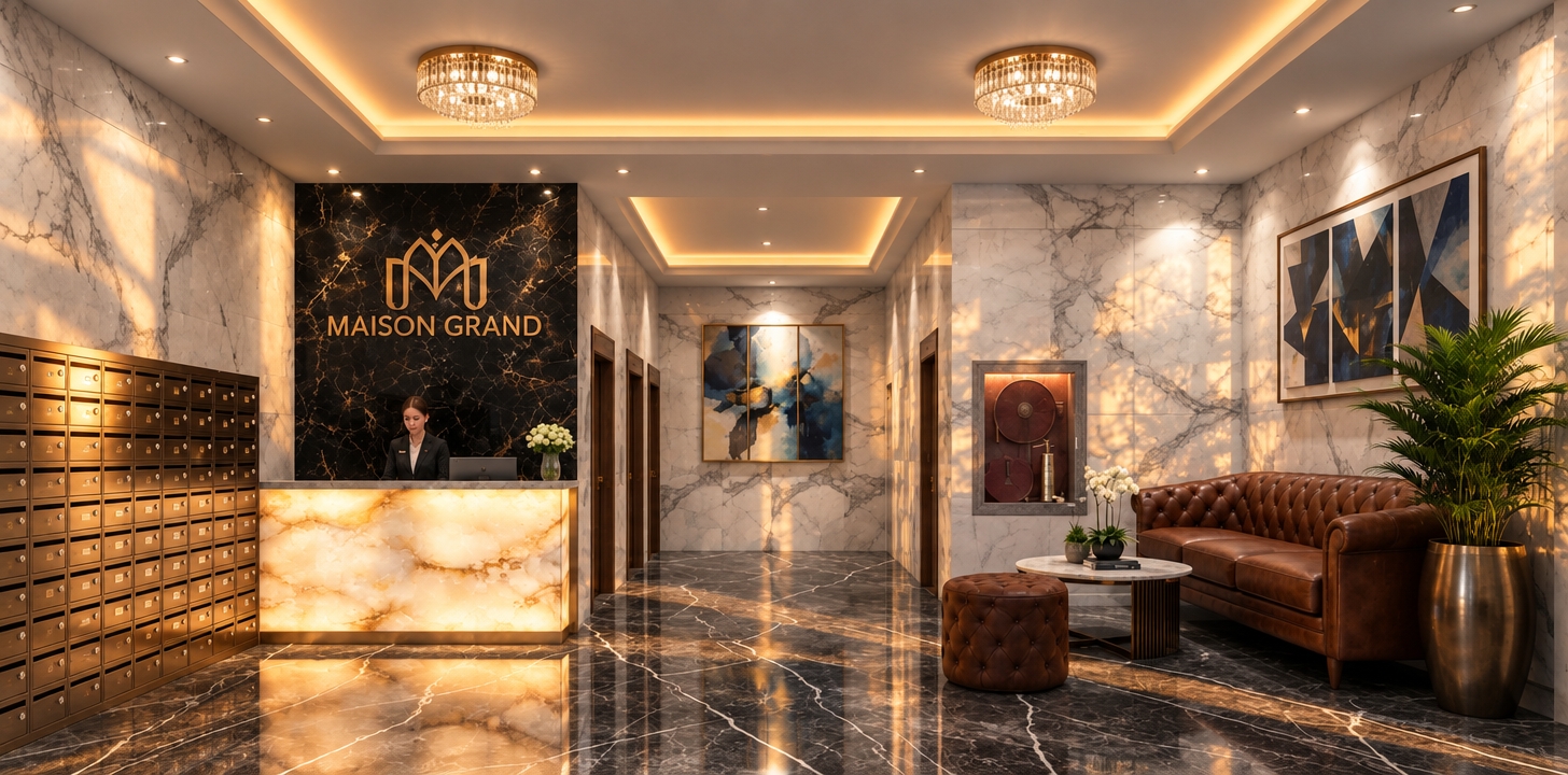An incredibly lifelike, richly detailed, photorealistic interior shot of a sophisticated hotel lobby set in an urban environment during a golden spring sunset. The scene is illuminated by the soft, honeyed glow of twilight filtering through the space, complemented by the ethereal radiance of a backlit onyx reception desk, creating a warm and luxurious atmosphere. Captured with a professional wide-angle lens, the image emphasizes the high-contrast textures of polished Statuario marble walls and deep, veined black marble flooring that reflects the room’s geometric elegance.

The composition centers on the "Maison Grand" concierge station, framed by a striking black marble feature wall that anchors the space. To the right, a classic cognac-colored tufted leather sofa offers a bold, tactile contrast to the sleek surroundings, accented by minimalist metallic finishes and a vibrant, lush potted palm that introduces a refreshing splash of organic life. Abstract, modern wall art provides a thoughtful focal point, while the refined industrial-inspired mail slots and symmetrical crystal chandeliers add a layer of dynamic, contemporary charm. Every surface, from the smooth, cool stone to the rich textures of the seating, is rendered with exquisite clarity, capturing an open-concept layout that feels both grand and intentionally curated.