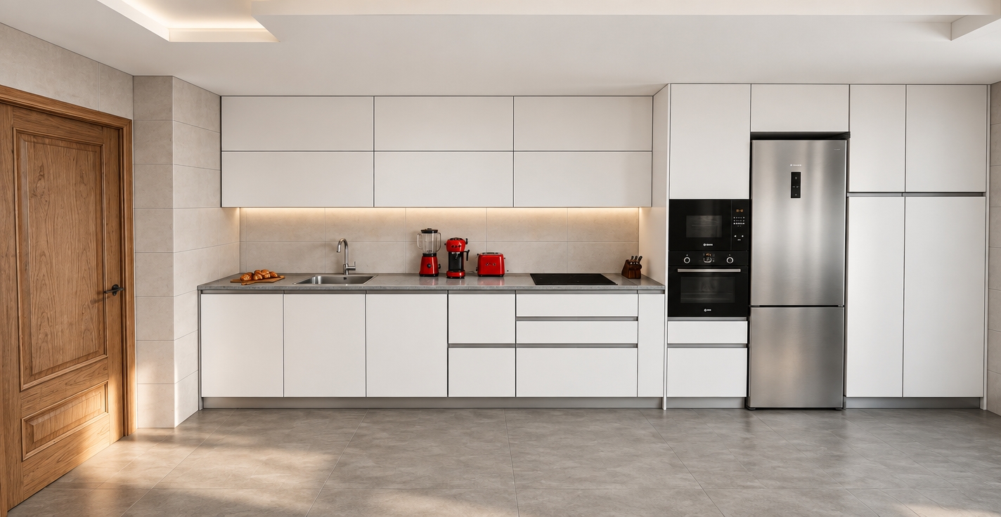 A crisp architectural interior photograph precisely matching the original geometry and framing, captured with a 24mm tilt-shift lens under soft, diffused warm daylight. The materials feature realistic tactile micro-textures: smooth matte white laminate on the cabinetry, rich organic grain on the wooden door, reflective brushed stainless steel on the refrigerator and tap, and glossy candy-red enamel on the small countertop appliances. Delicate contact shadows ground the cabinets against the textured grey matte floor tiles, rendered with natural dynamic range and subtle ambient falloff.